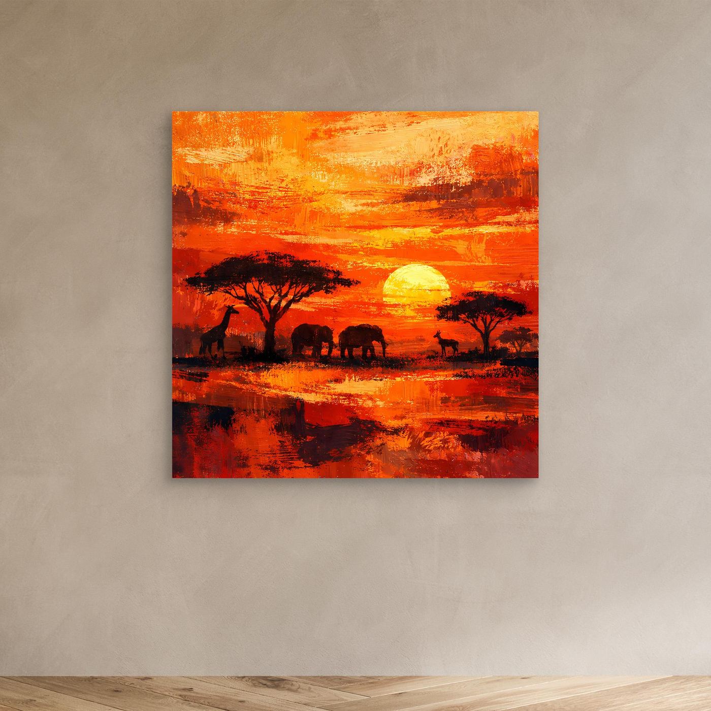 Leinwand Afrikanische Savanne bei Sonnenuntergang | Modernes Elefanten & Giraffen Wandbild