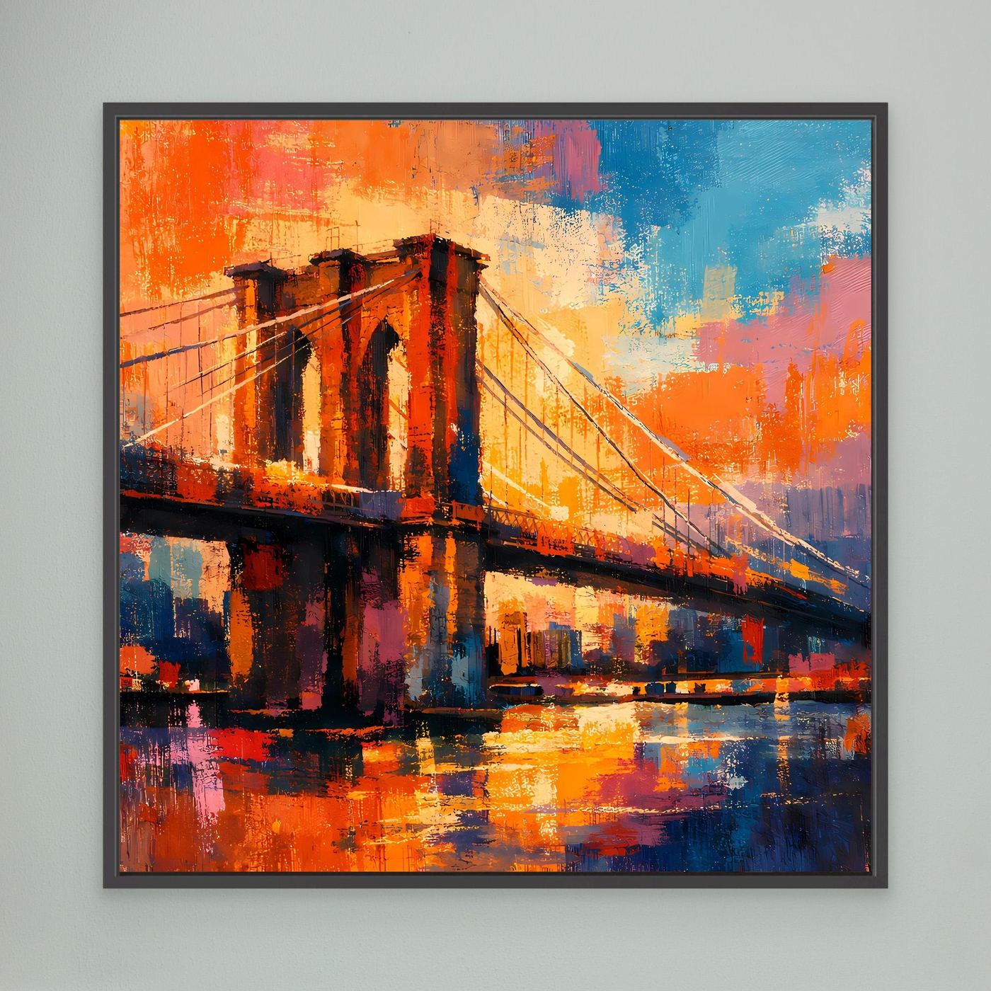 Abstraktes Leinwand-Wandbild Brooklyn-Brücke, orange-blau, dunkler Rahmen