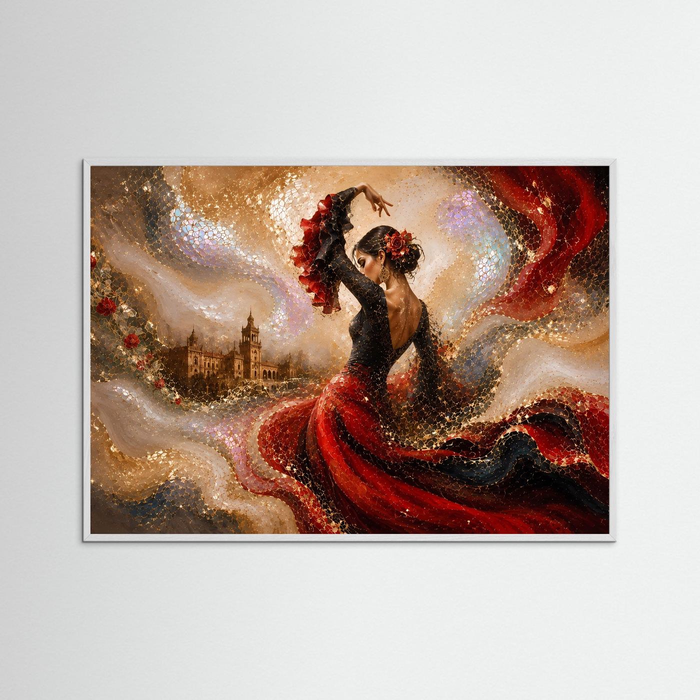 Gerahmte Flamenco-Wandkunst: Tänzerin in schwarzem Kleid mit rotem Fächerrock, weißer Rahmen.