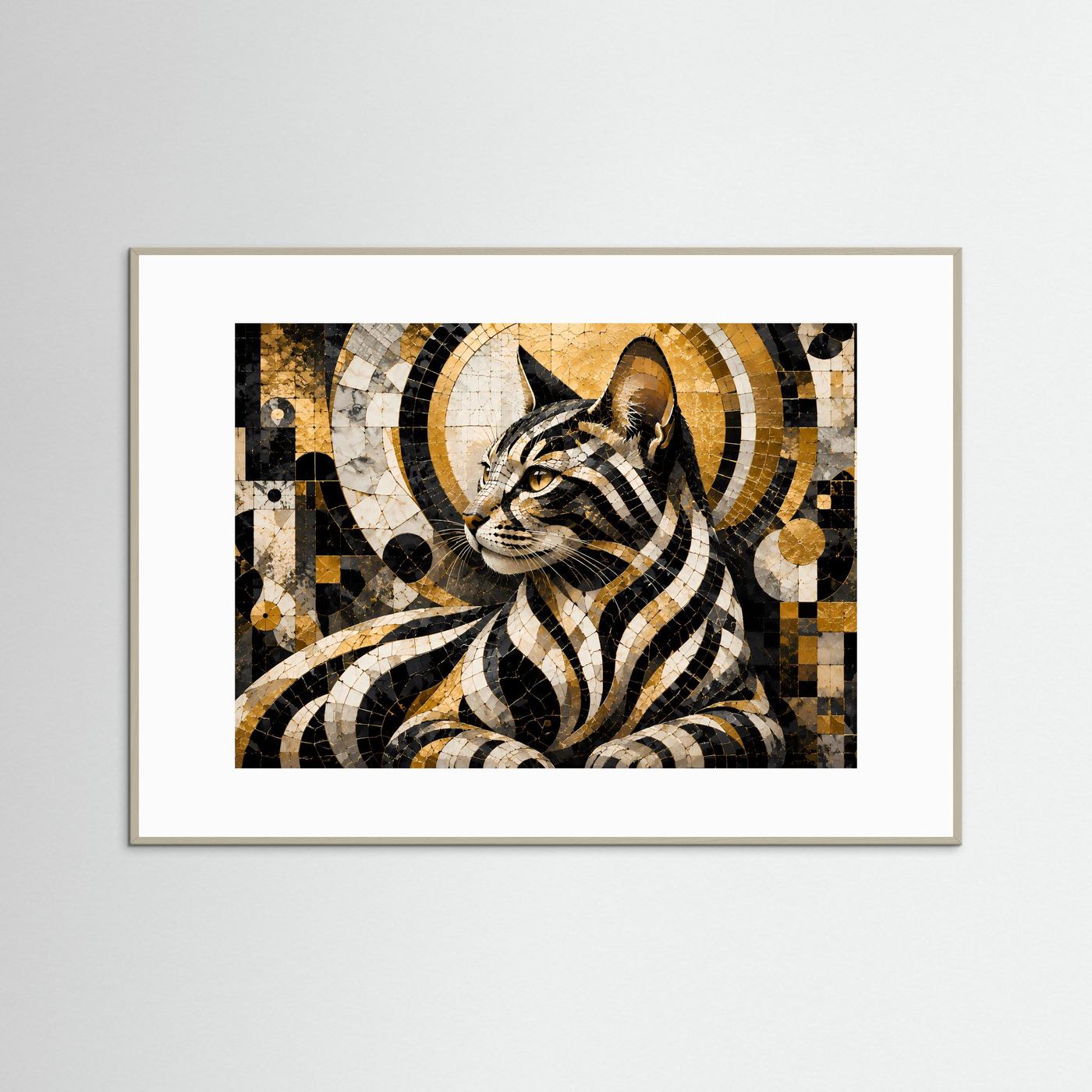 Querformat-Poster mit abstrakter Katze im Mosaikstil, Schwarz und Gold, weißer Rahmen