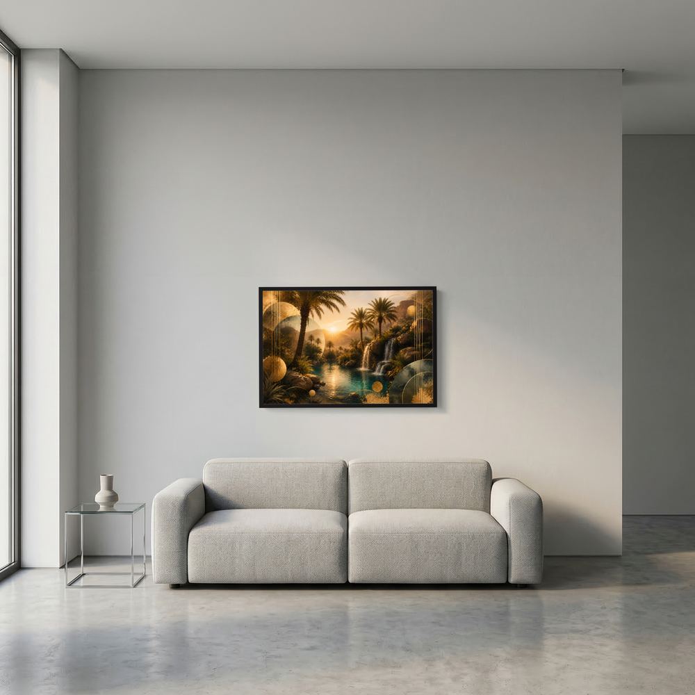 Querformat-Poster mit Palmen, Wasserfall und türkisfarbenem Fluss bei Sonnenaufgang, schwarzer Rahmen