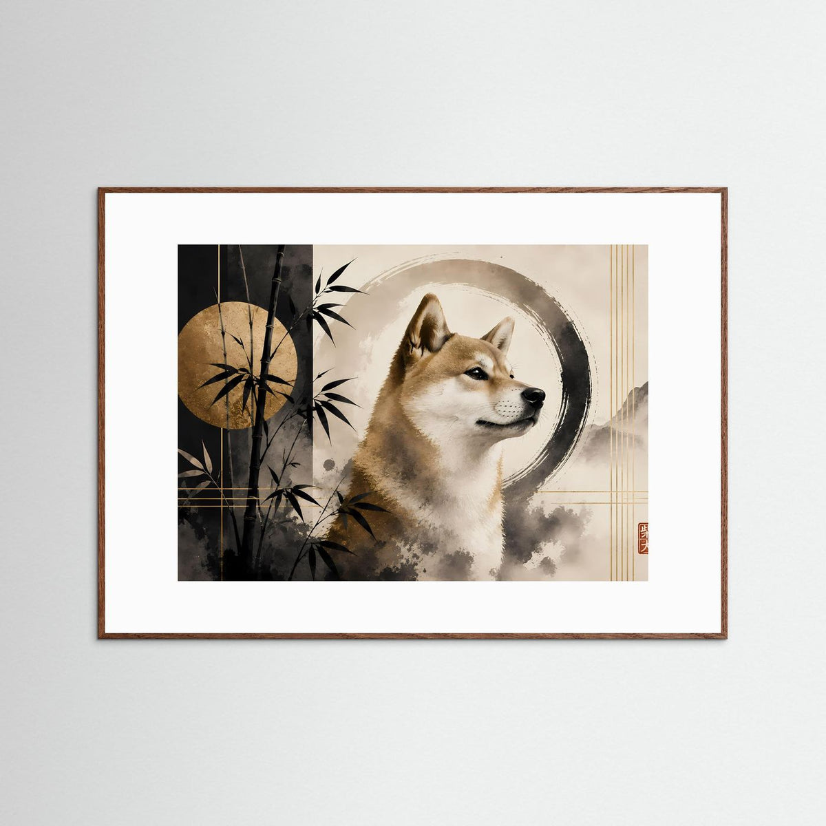 Gerahmtes Poster im Querformat: Shiba Inu im Kreis, Bambus und Zen-Artwork, brauner Rahmen
