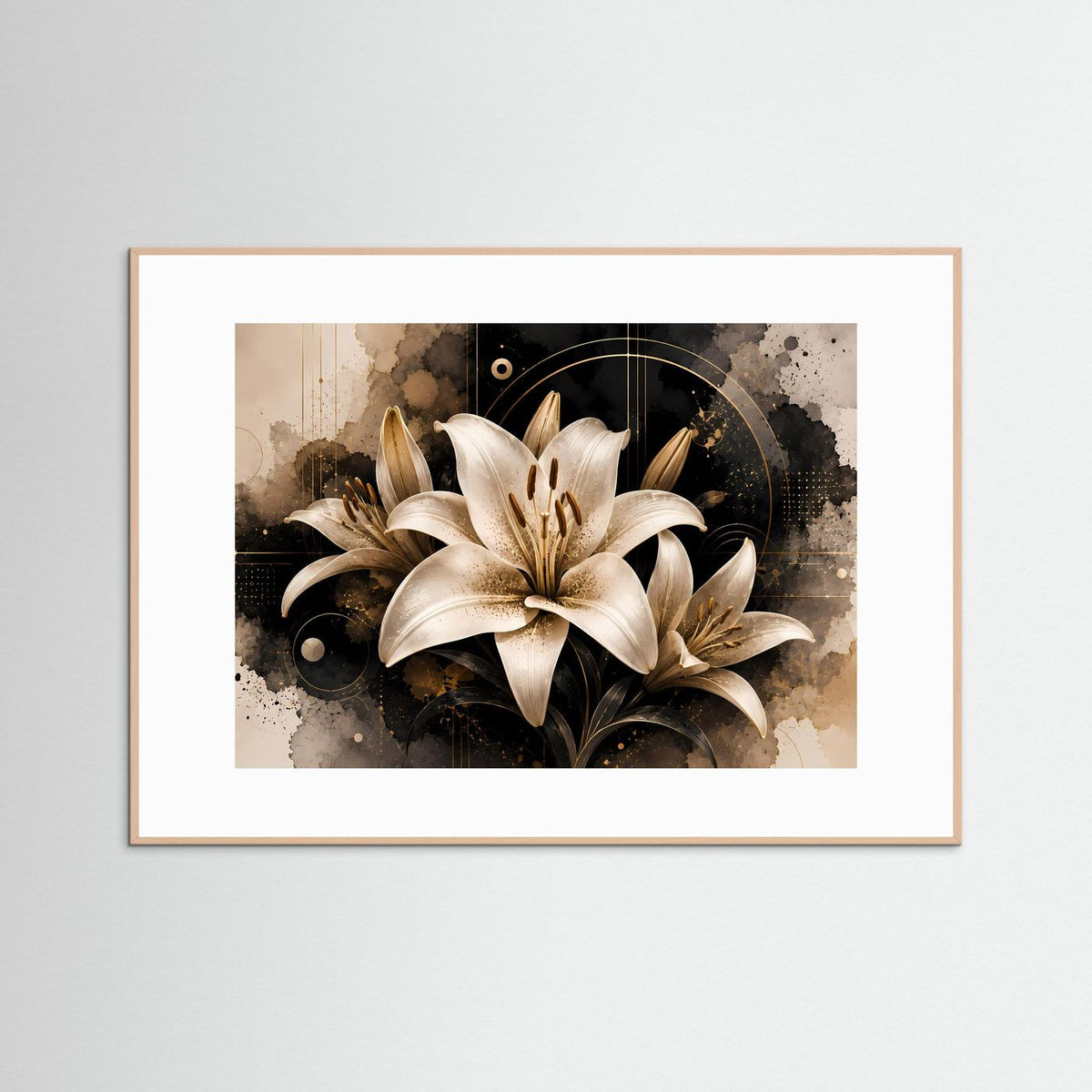 Poster im Querformat mit weißen Lilienblüten, schwarzem Hintergrunddesign, naturfarben gerahmt