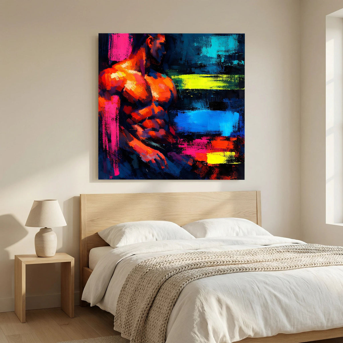 Leinwandbild mit abstraktem männlichem Torso in Neonfarben auf Holzkeilrahmen, klar erkennbar