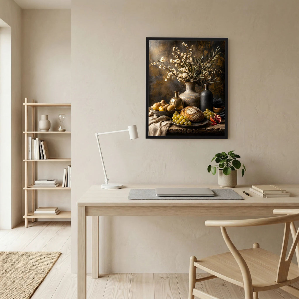 Gerahmtes Stillleben-Poster über dem Schreibtisch: Blüten, Vase, Brot und Trauben