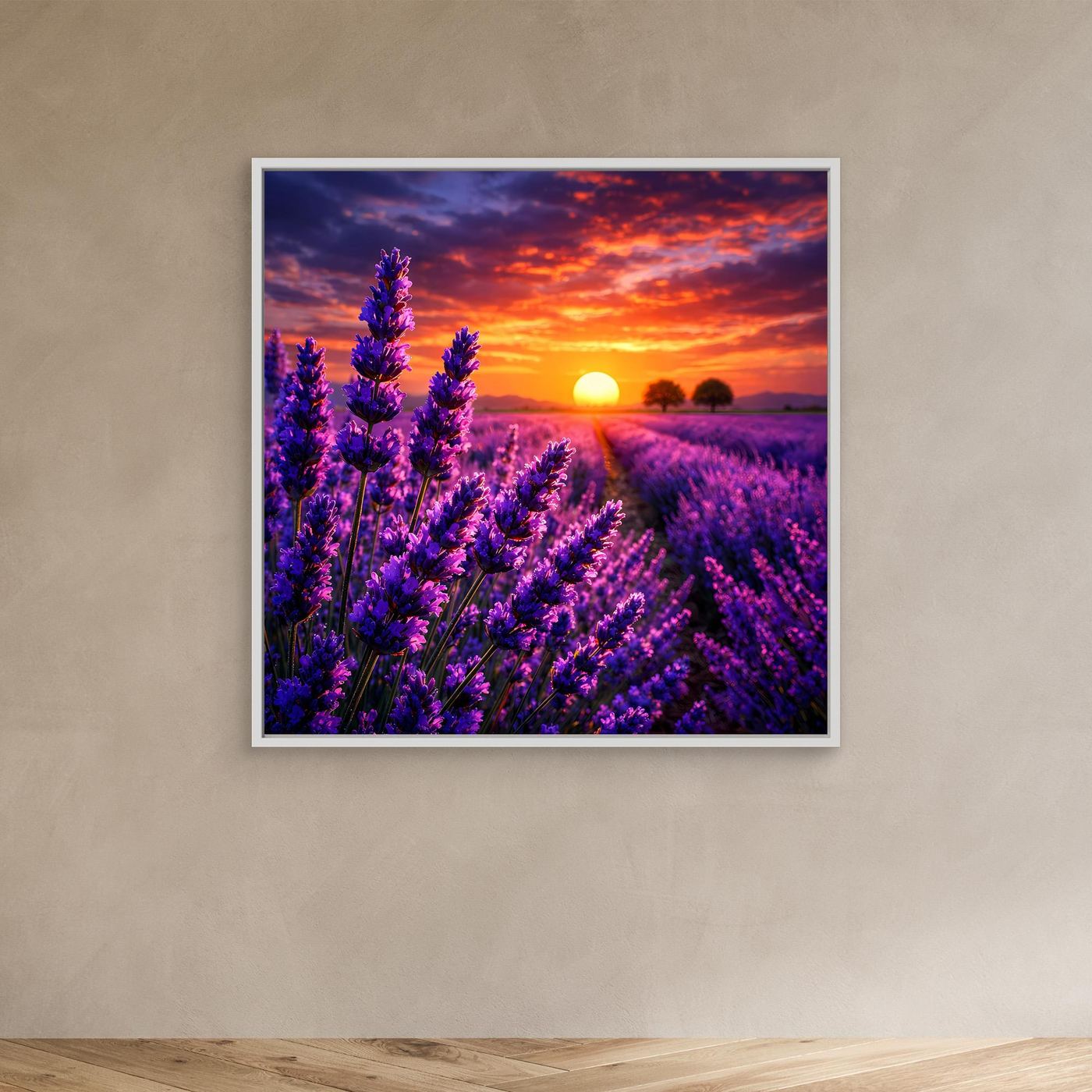 Leinwandbild Lavendelfeld bei Sonnenuntergang, violette Blütenähren, weißer Rahmen.