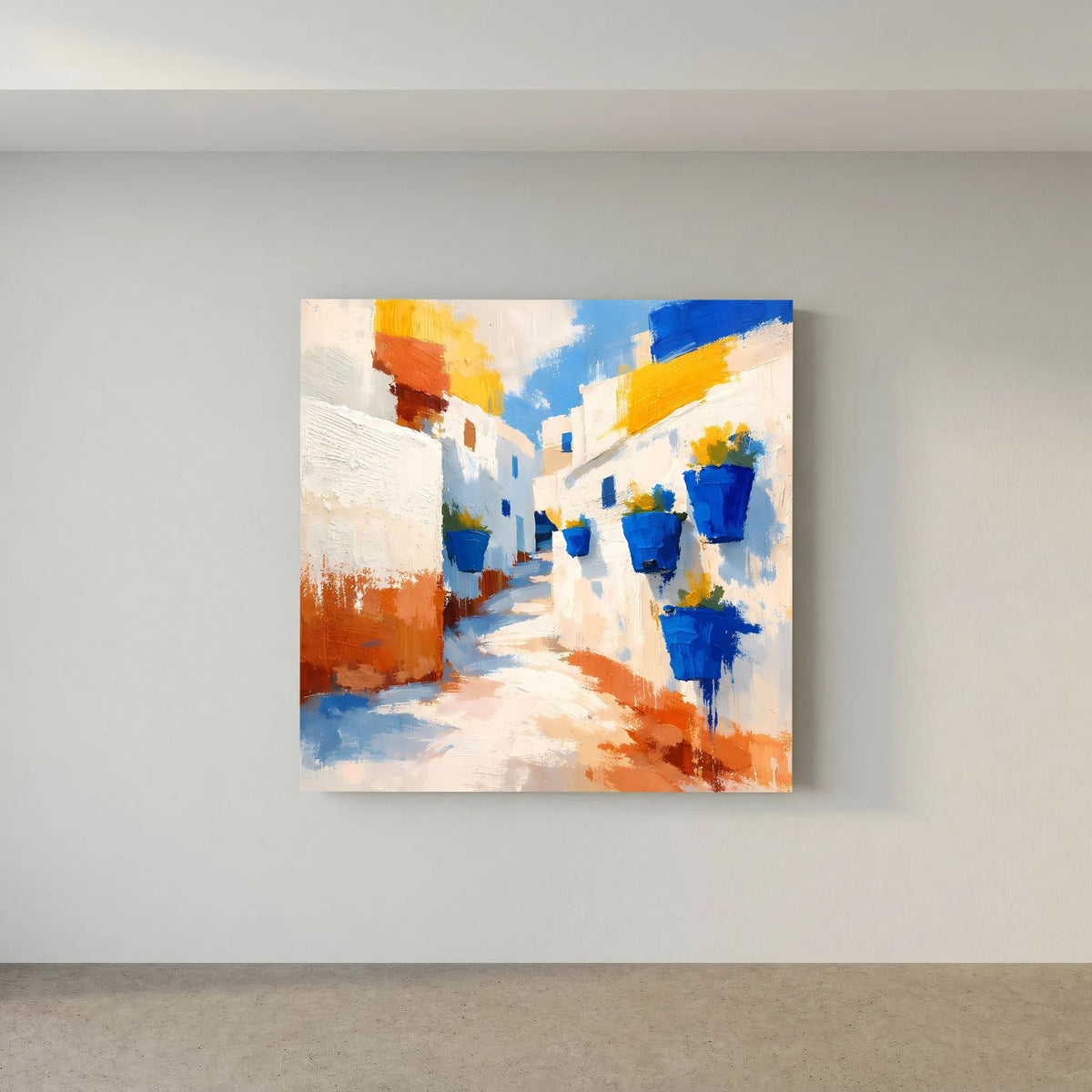 Leinwand-Wandbild mit abstrakter Gasse in Blau, Orange und Weiß mit Blumentöpfen