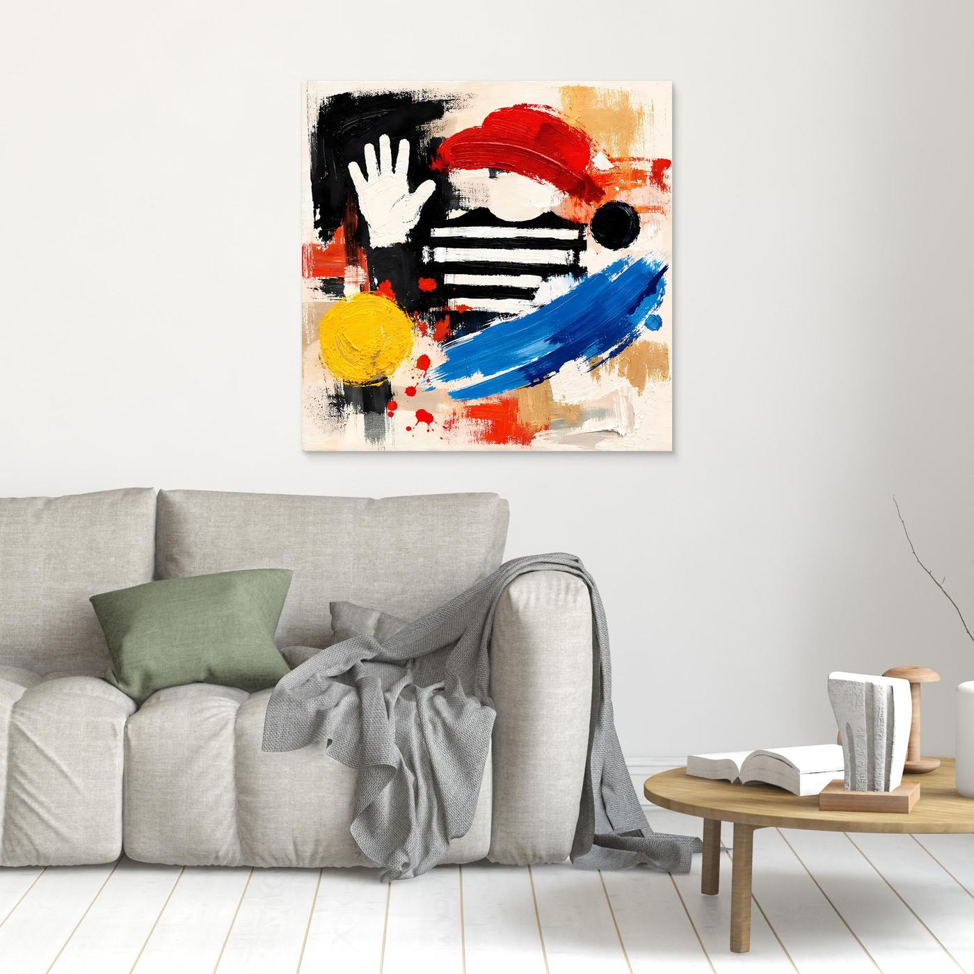 Abstract street art canvas with black, red, blue, and yellow figures, unframed
