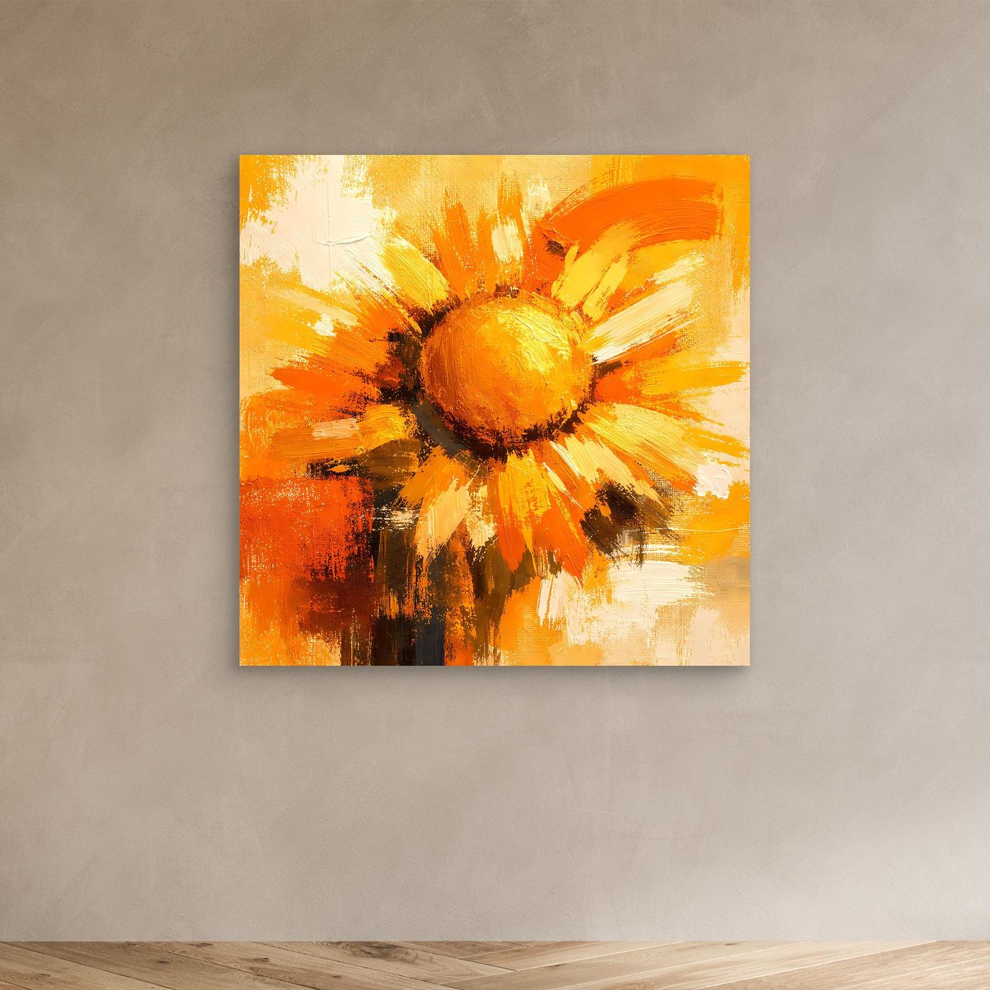 Leinwand Abstraktes Sonnenblumen Gemälde | Modernes Florales Wandbild Gelb Orange