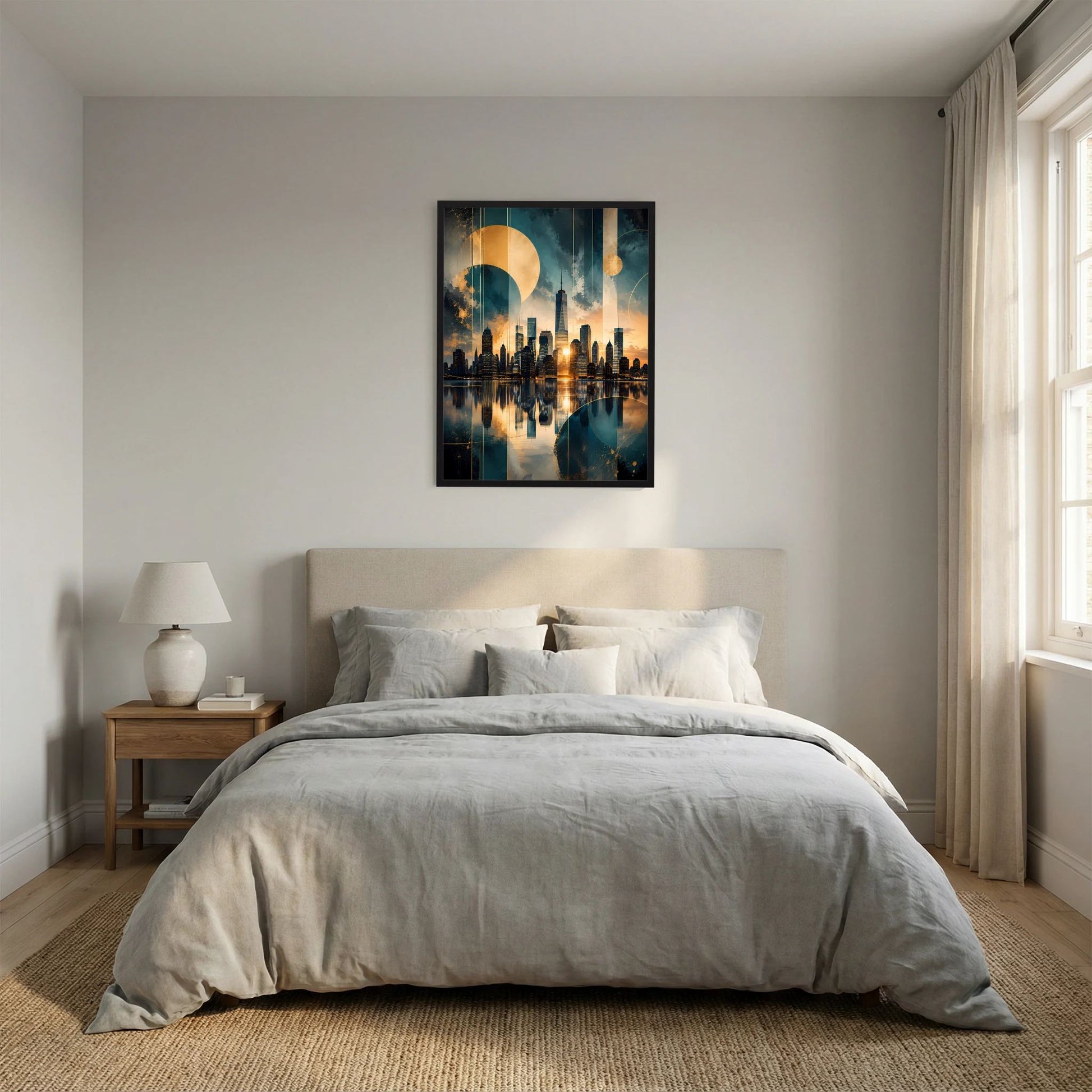 Hochformatiges Skyline-Poster im schwarzen Rahmen, gold & petrol, spiegelt sich im Wasser