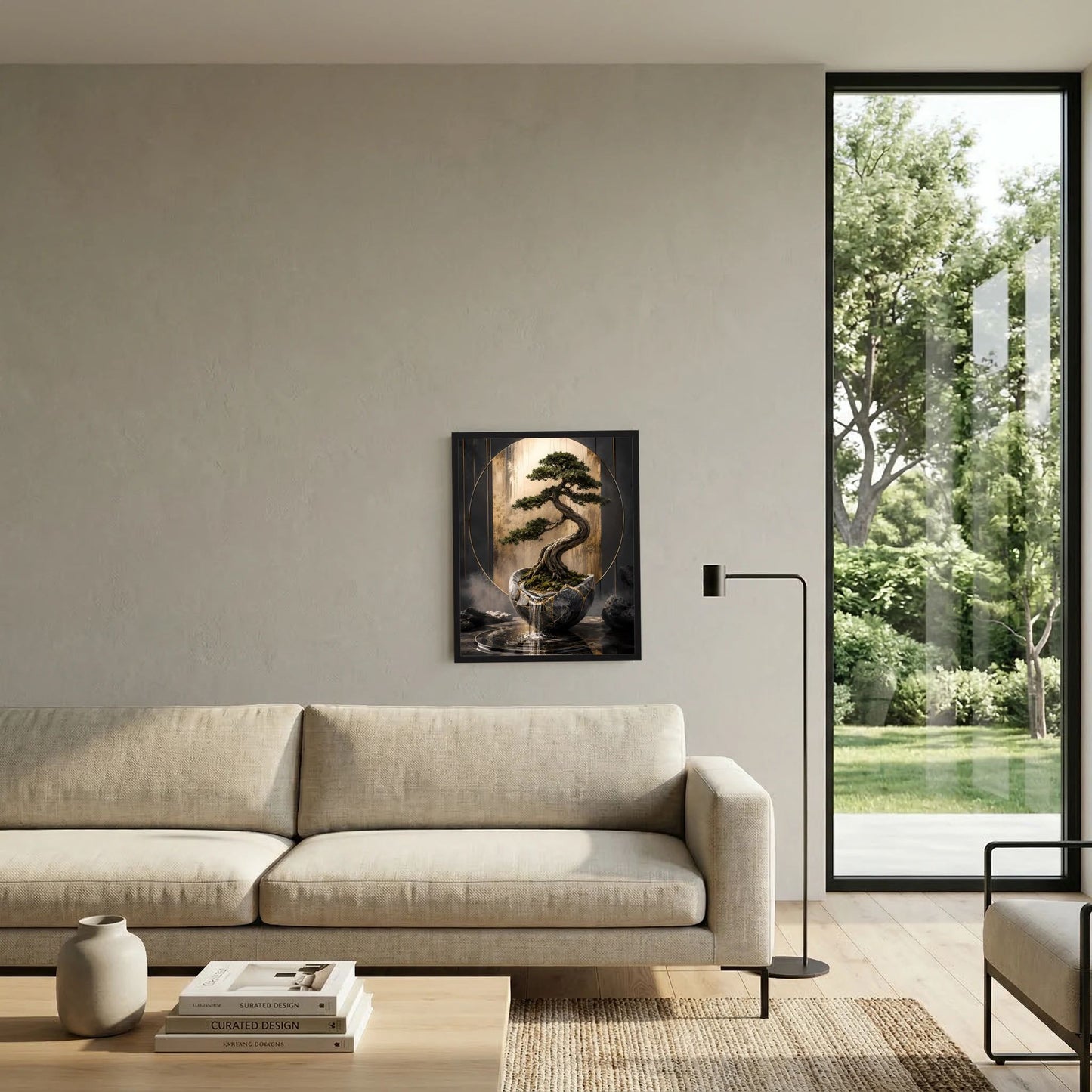 Hochformat-Poster: Bonsai-Baum im schwarzen Gefäß, goldene Kreisbögen im Motiv