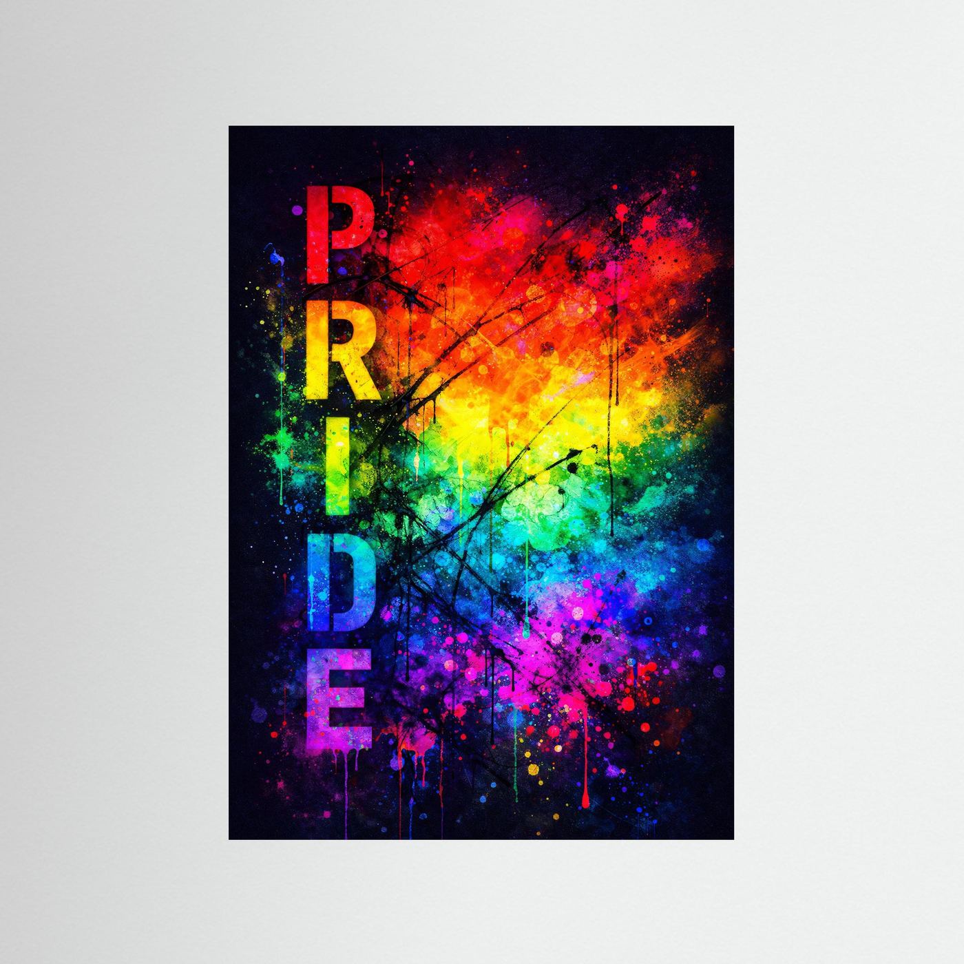 Hochformatiges Pride-Poster im Graffiti-Stil mit vertikalem „PRIDE“ in Regenbogenfarben, dunkel