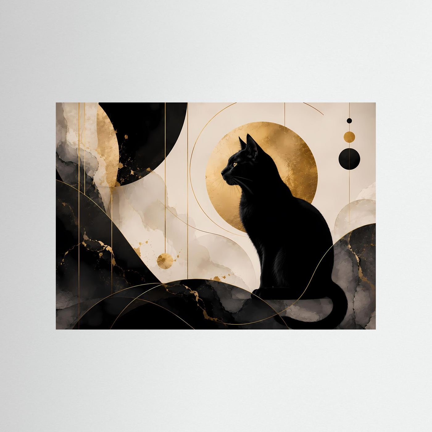 Schwarze Katze in Gold & Marmor | Elegante abstrakte Katzen Wandkunst