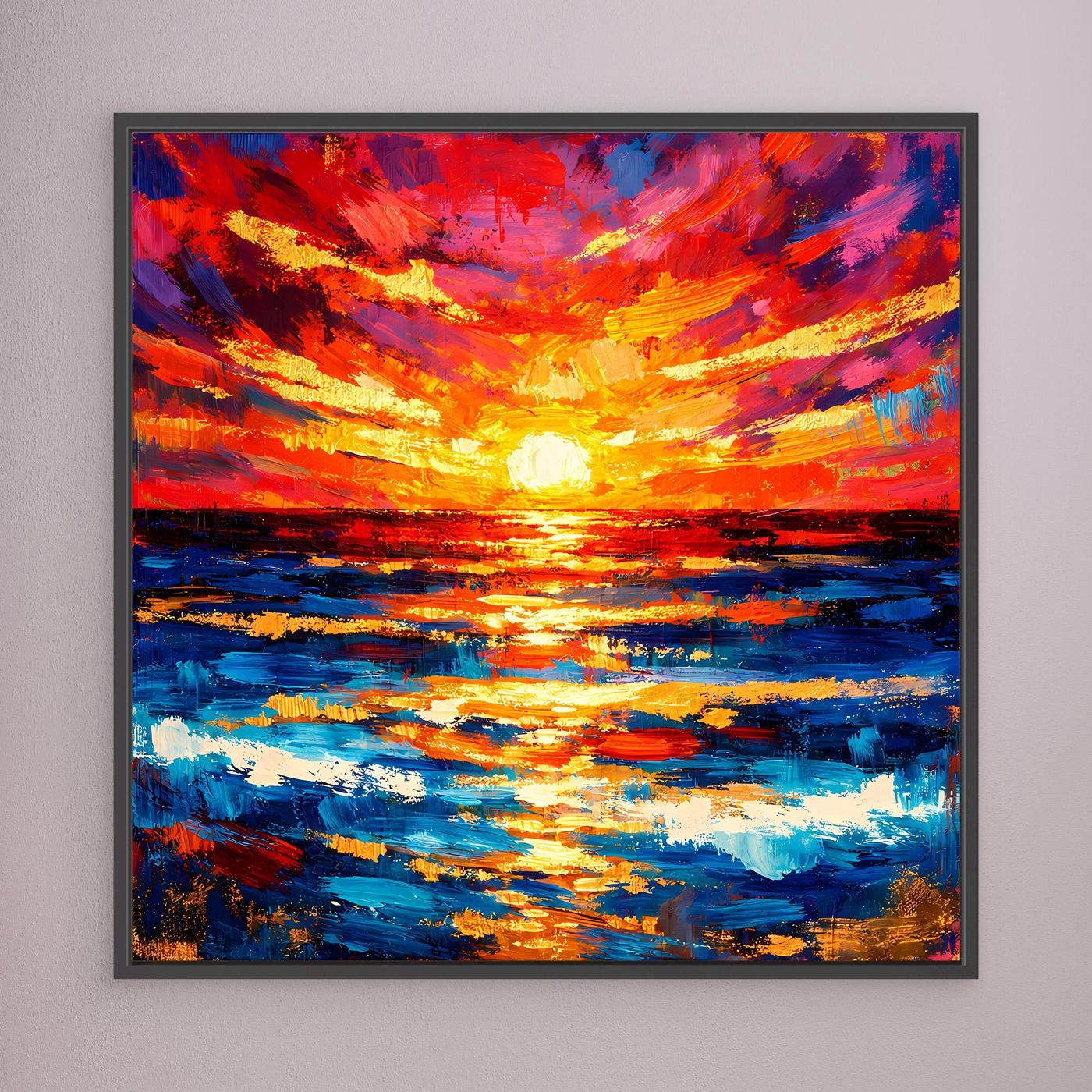 Leinwandbild mit abstrahiertem Sonnenuntergang über dem Meer, leuchtender Horizont, schwarzer Rahmen.