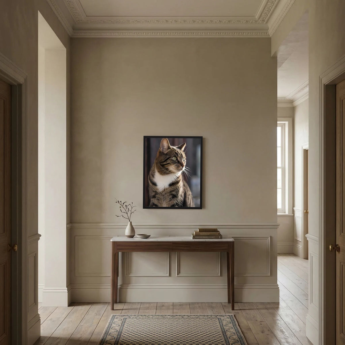 Gerahmtes Poster mit Porträt einer getigerten Katze, Blick nach oben, dunkler Hintergrund