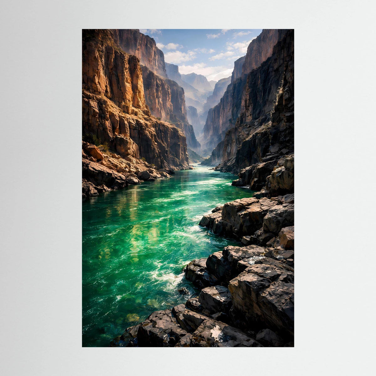 Wandposter im Hochformat mit Canyon-Schlucht und türkisgrünem Flusslauf