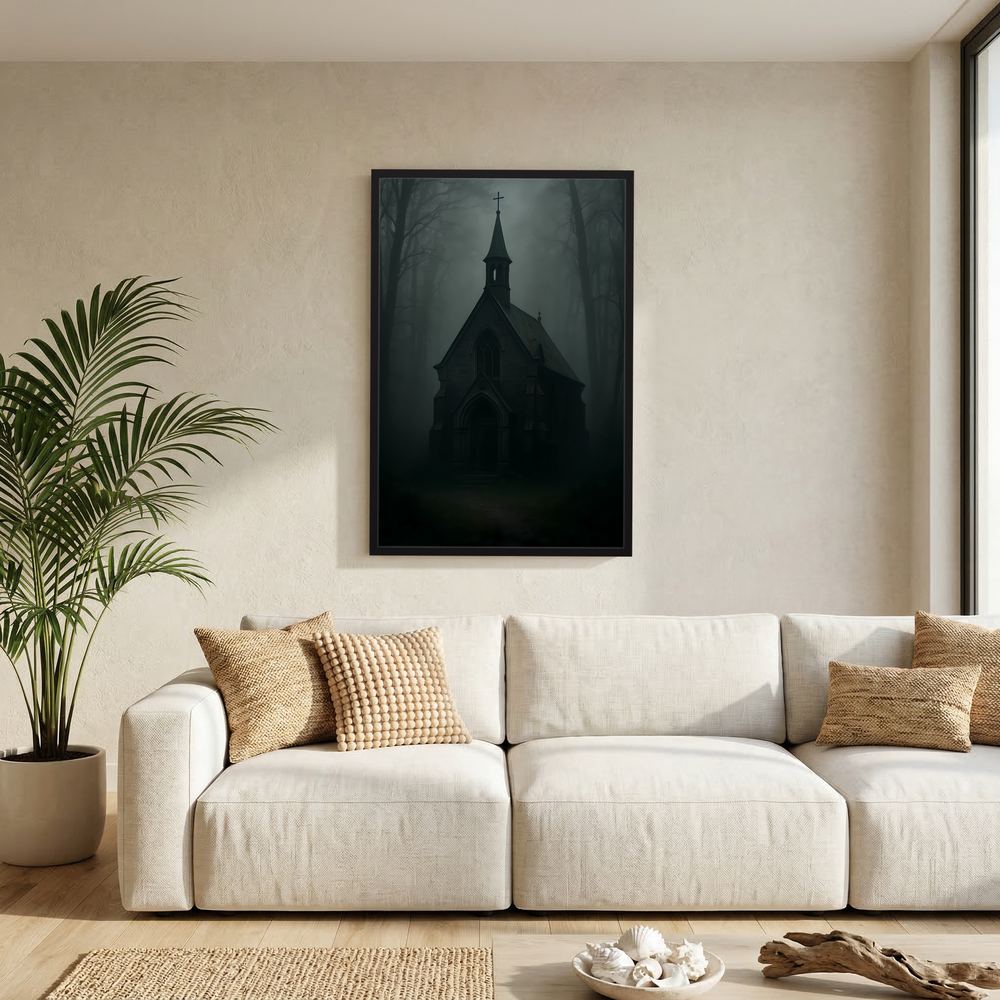 Gerahmtes Poster mit dunkler gotischer Kapelle im Nebel, Hochformat