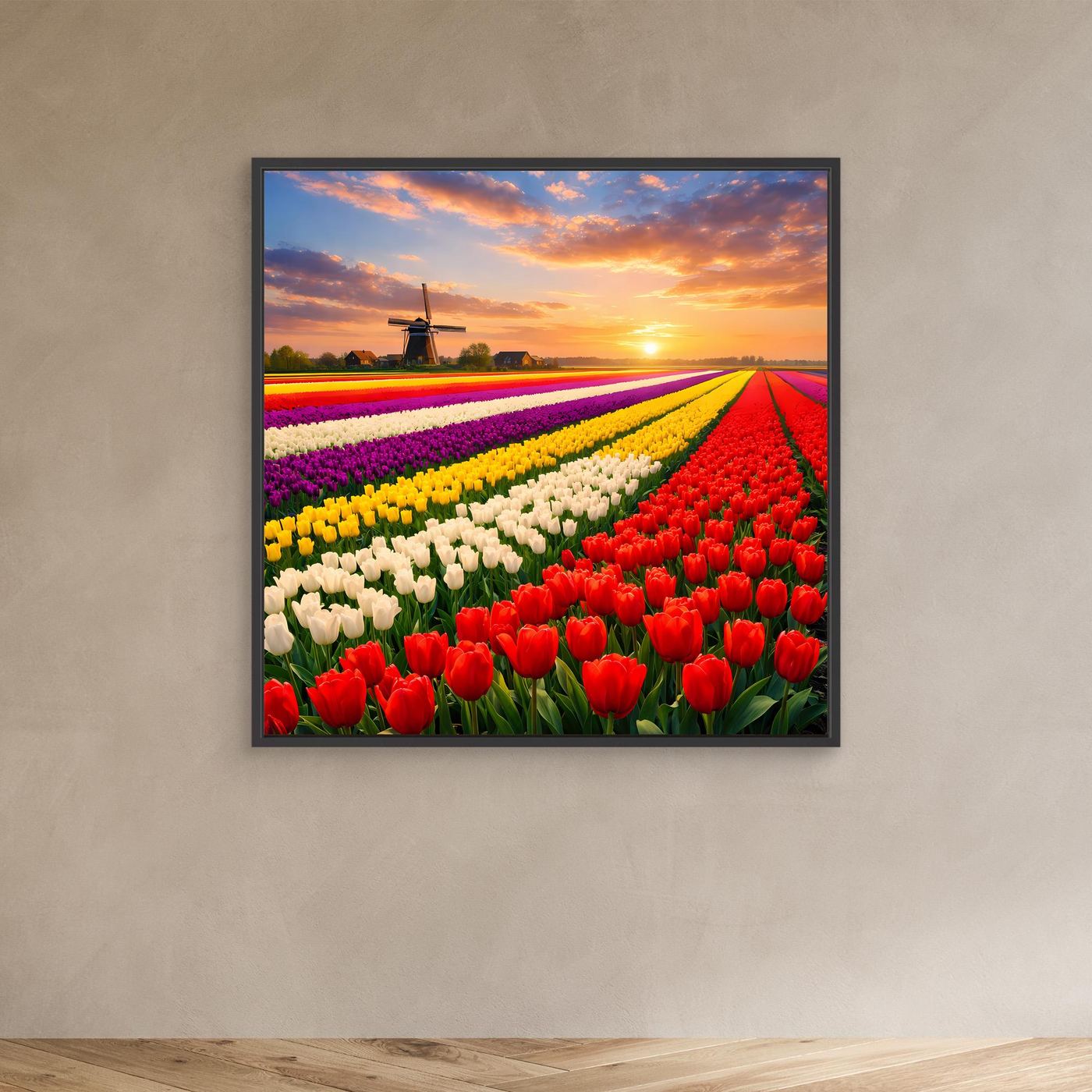 Leinwandbild mit Tulpenreihen in Lila, Gelb und Rot, schwarzer Rahmen