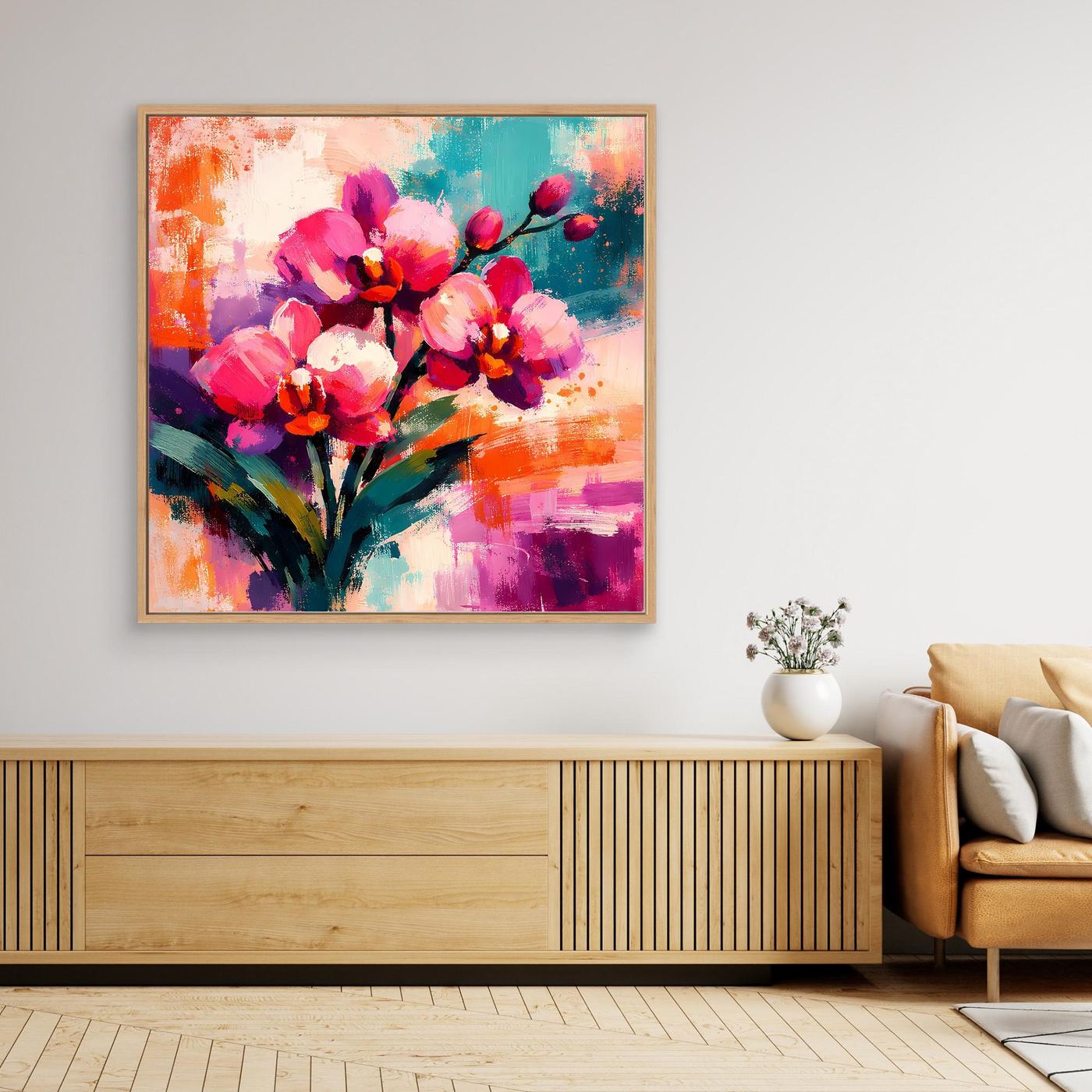 Gerahmtes Orchideen-Leinwandbild mit abstrakten Blüten in Pink, Türkis und Orange