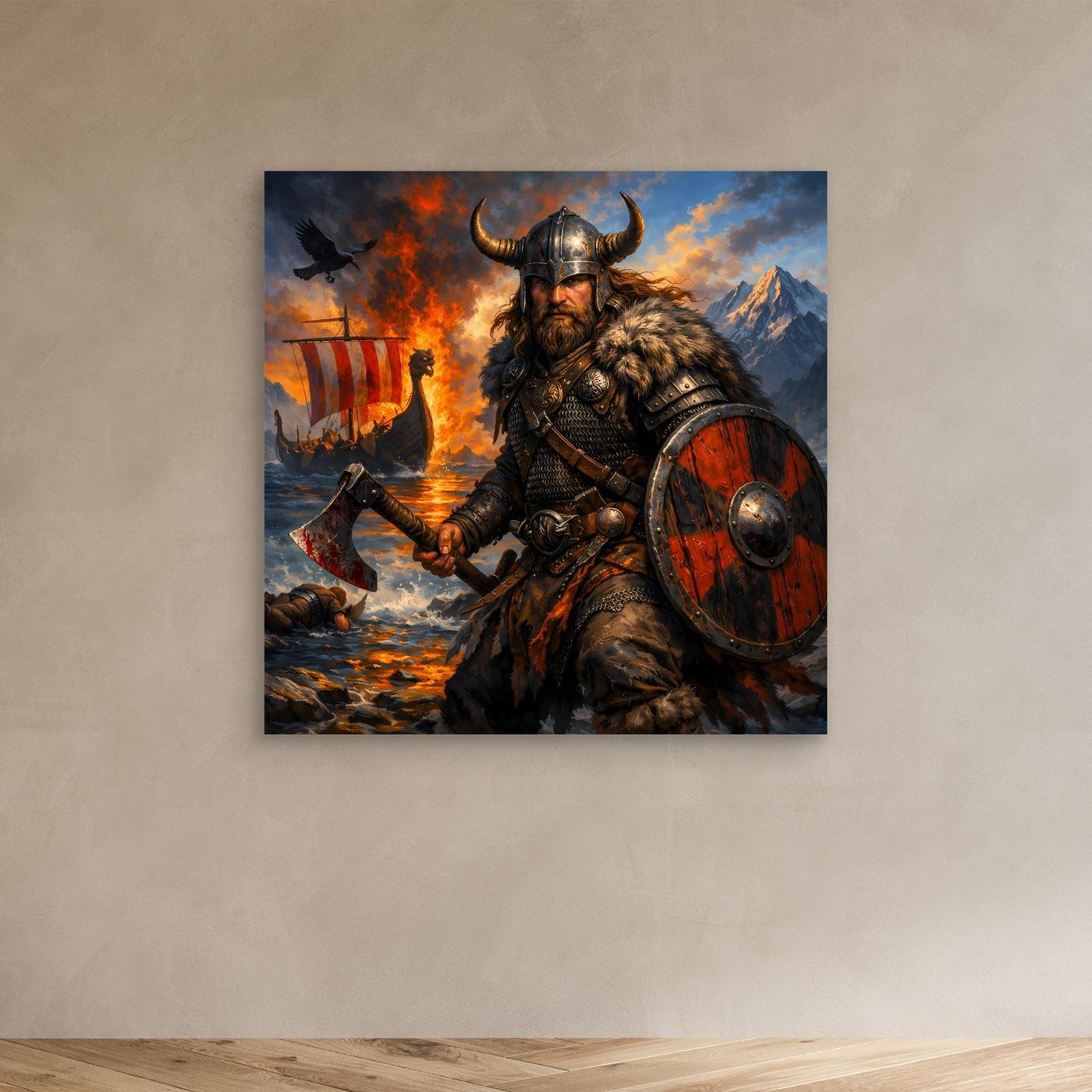Leinwand Epischer Wikinger-Krieger an der Küste | Modernes Nordisches Wandbild