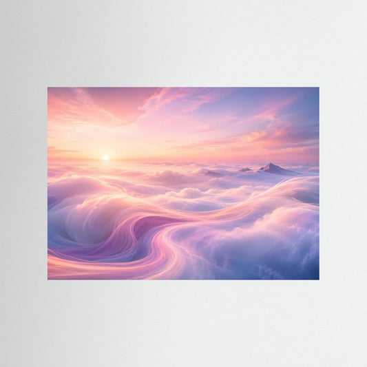 Poster im Querformat mit Wolken und Sonnenaufgang in Rosa, Blau und Violett.