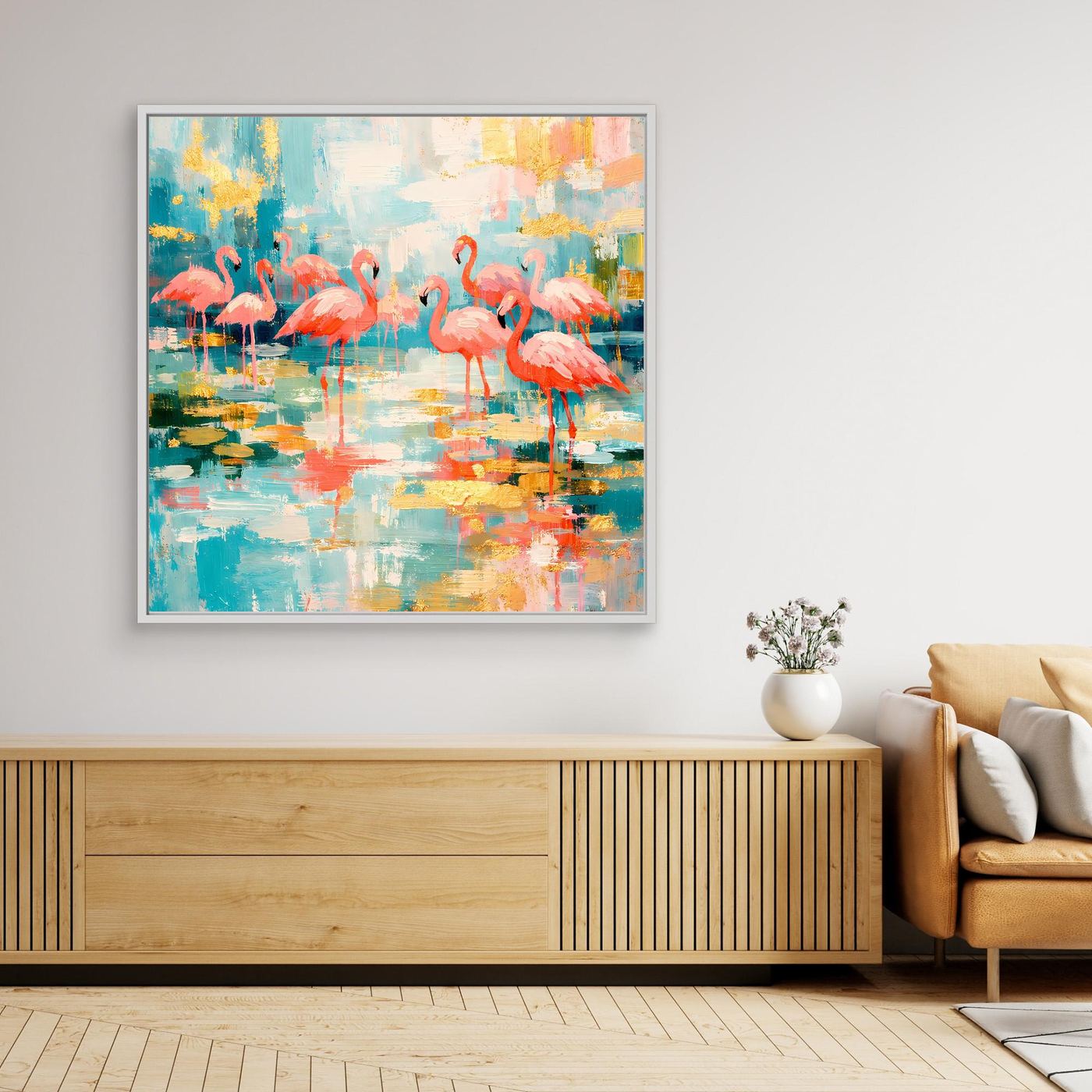 Gerahmtes Leinwandbild mit Flamingos, abstraktem Farbverlauf und Spiegelungen