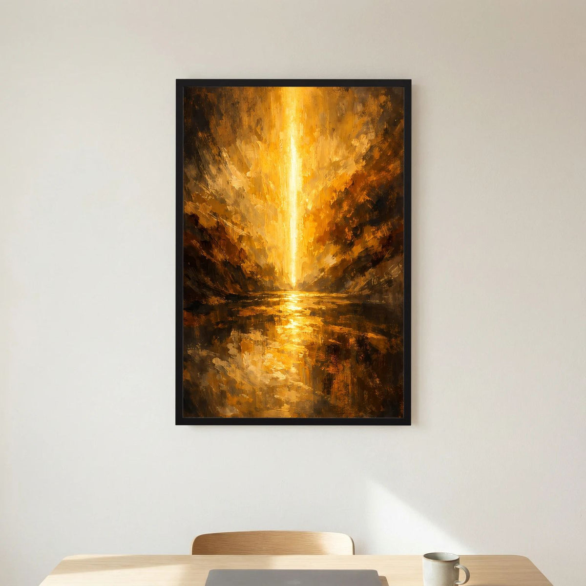 Wandposter mit schwarzem Rahmen, vertikale gold-schwarze Schlucht mit spiegelnder Lichtspur
