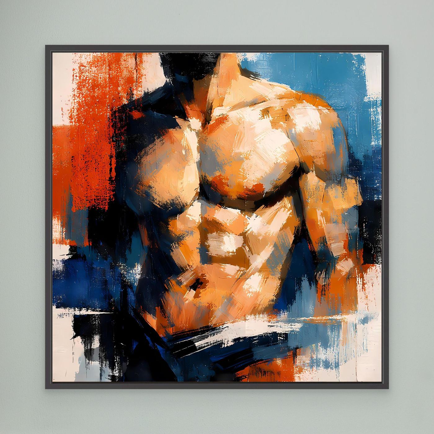 Framed abstract male torso painting with black frame and orange blue black brush strokes