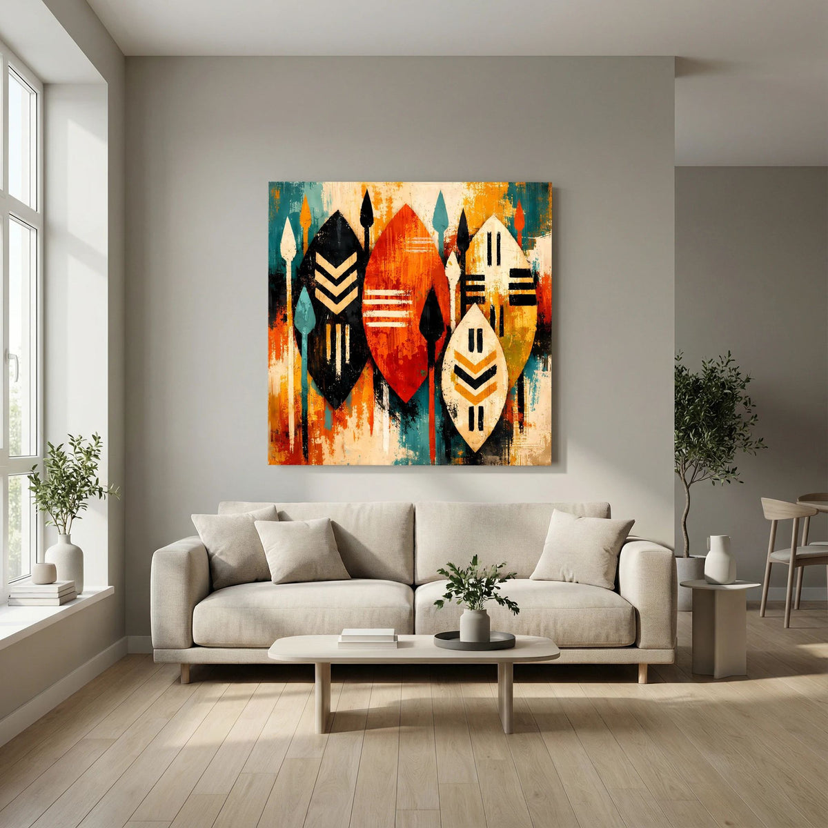 Leinwand-Wandbild im Wohnraum: abstrakte Schilde und Speere, warmes Orange mit türkisfarbenen Flächen