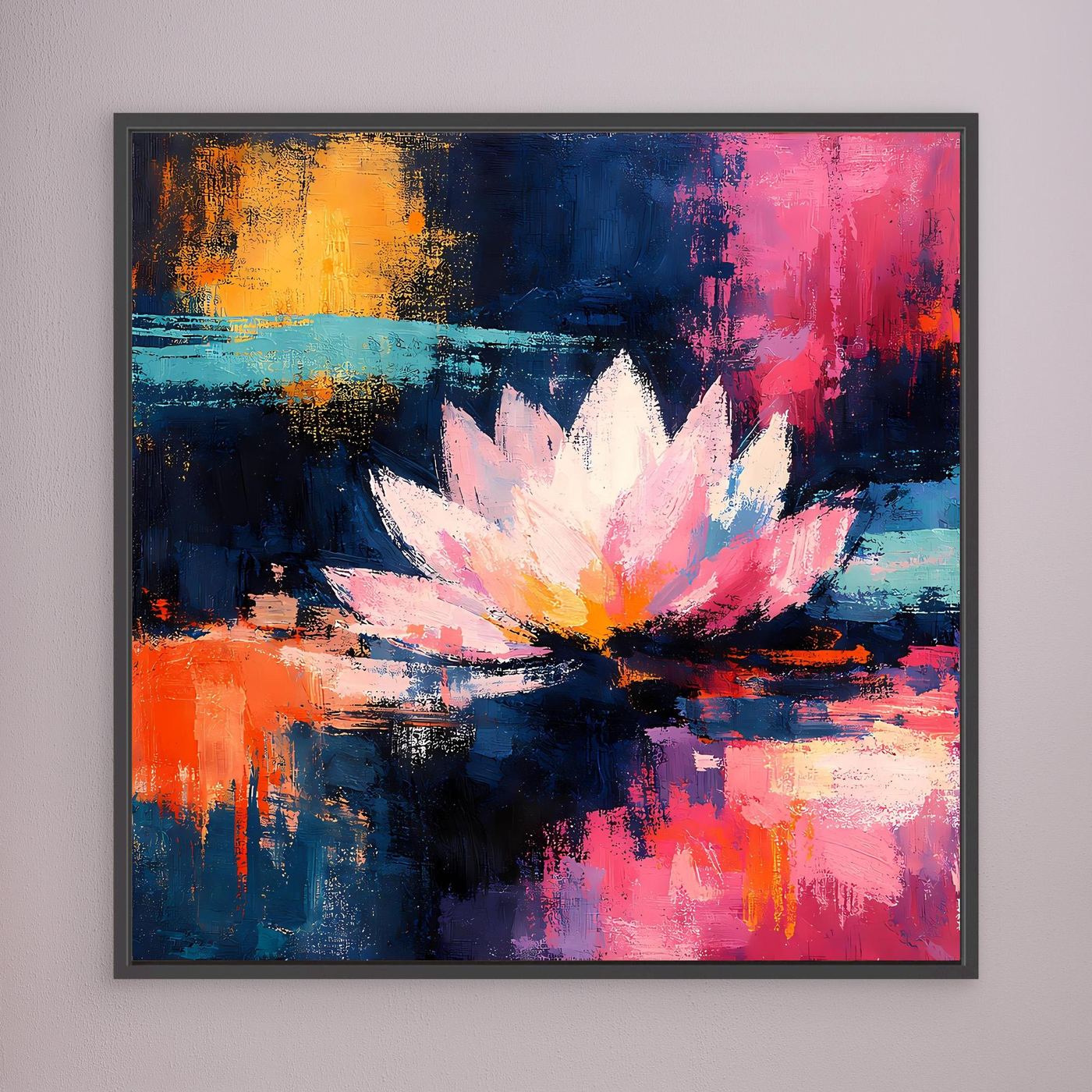Abstraktes Lotus-Leinwandbild mit Blüte, kräftige Orange-Blau-Pink-Töne, schwarzer Rahmen