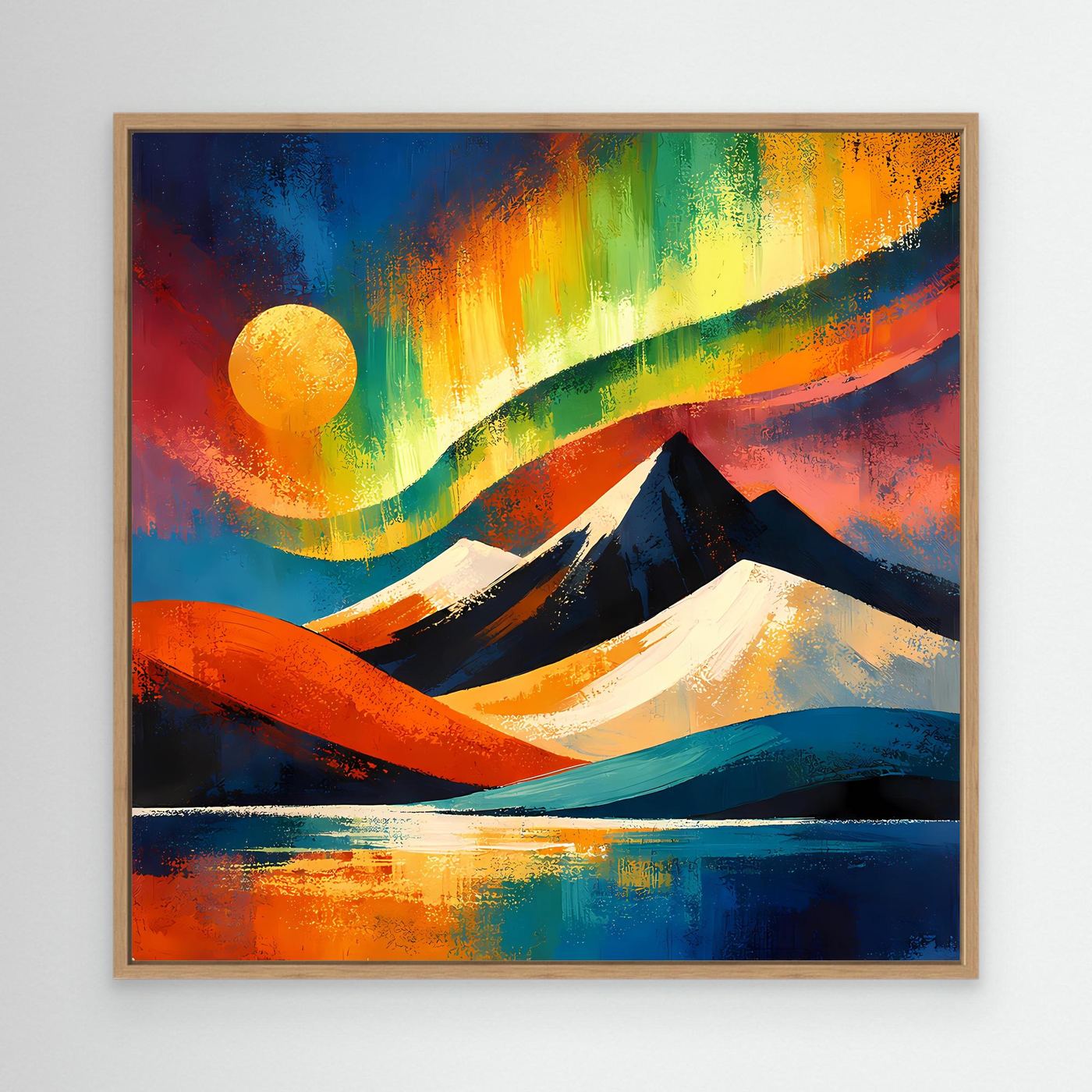 Leinwandbild in Eichenrahmen: abstrakte Berglandschaft mit Regenbogenbögen und gelber Sonne