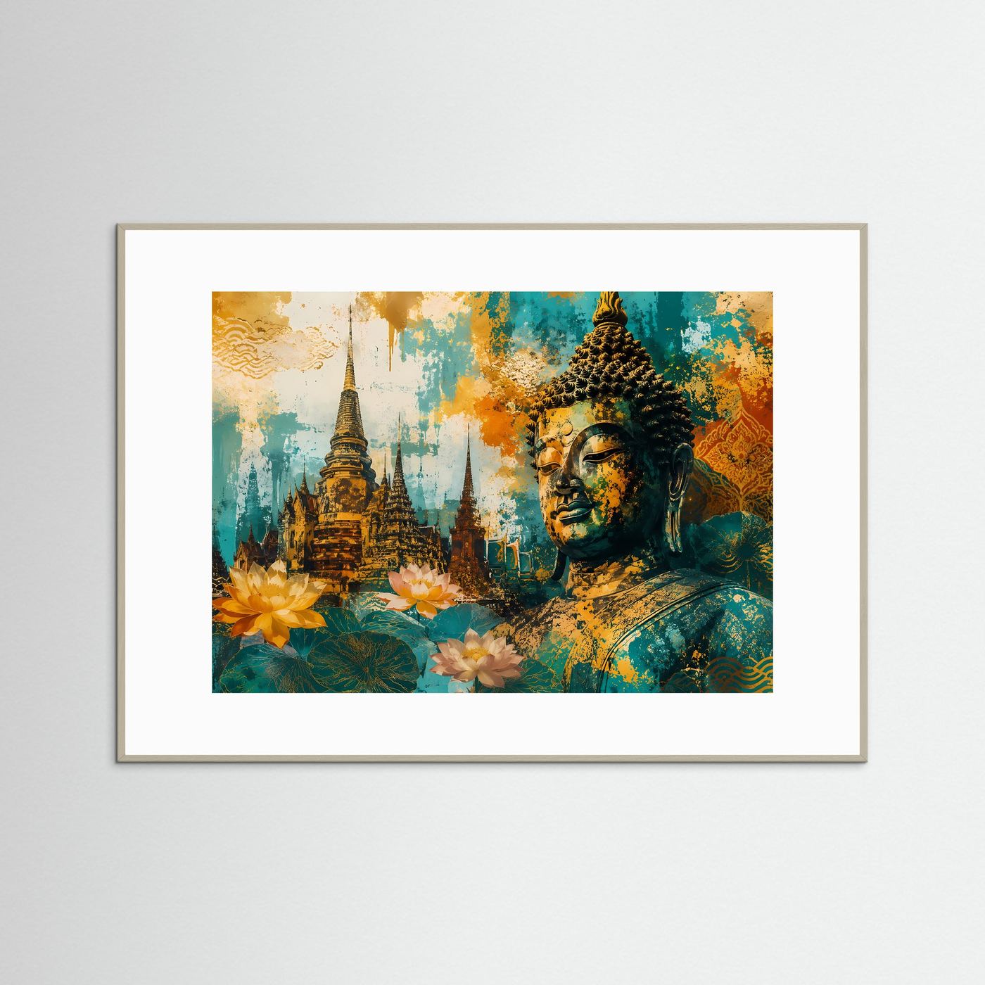 Buddha-Tempelkunst Poster im grauen Holzrahmen mit weißem Passepartout