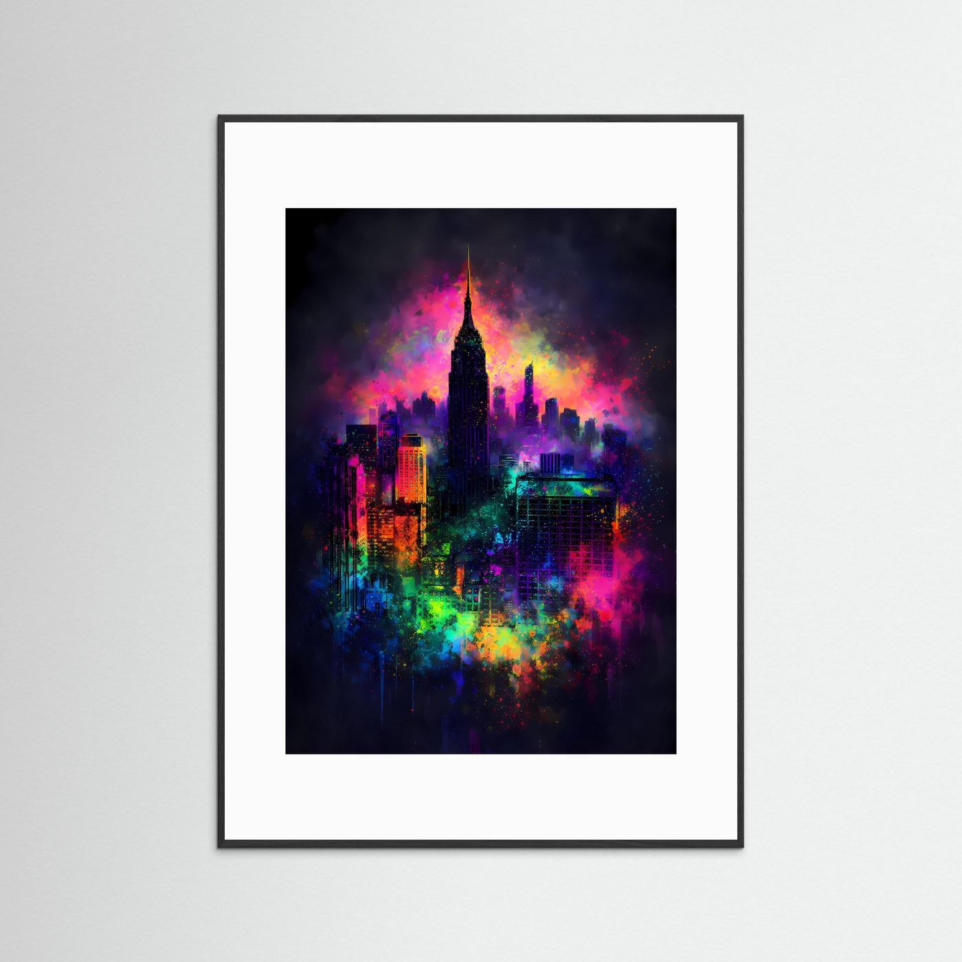 Magische Metropole | Abstraktes New York Skyline Poster in Regenbogen-Neonfarben | Modernes Kunstposter Hochformat