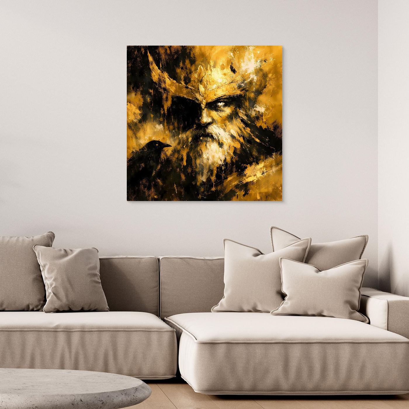 Leinwand Nordischer Gott Odin mit Rabe | Modernes Abstraktes Mythologie Wandbild