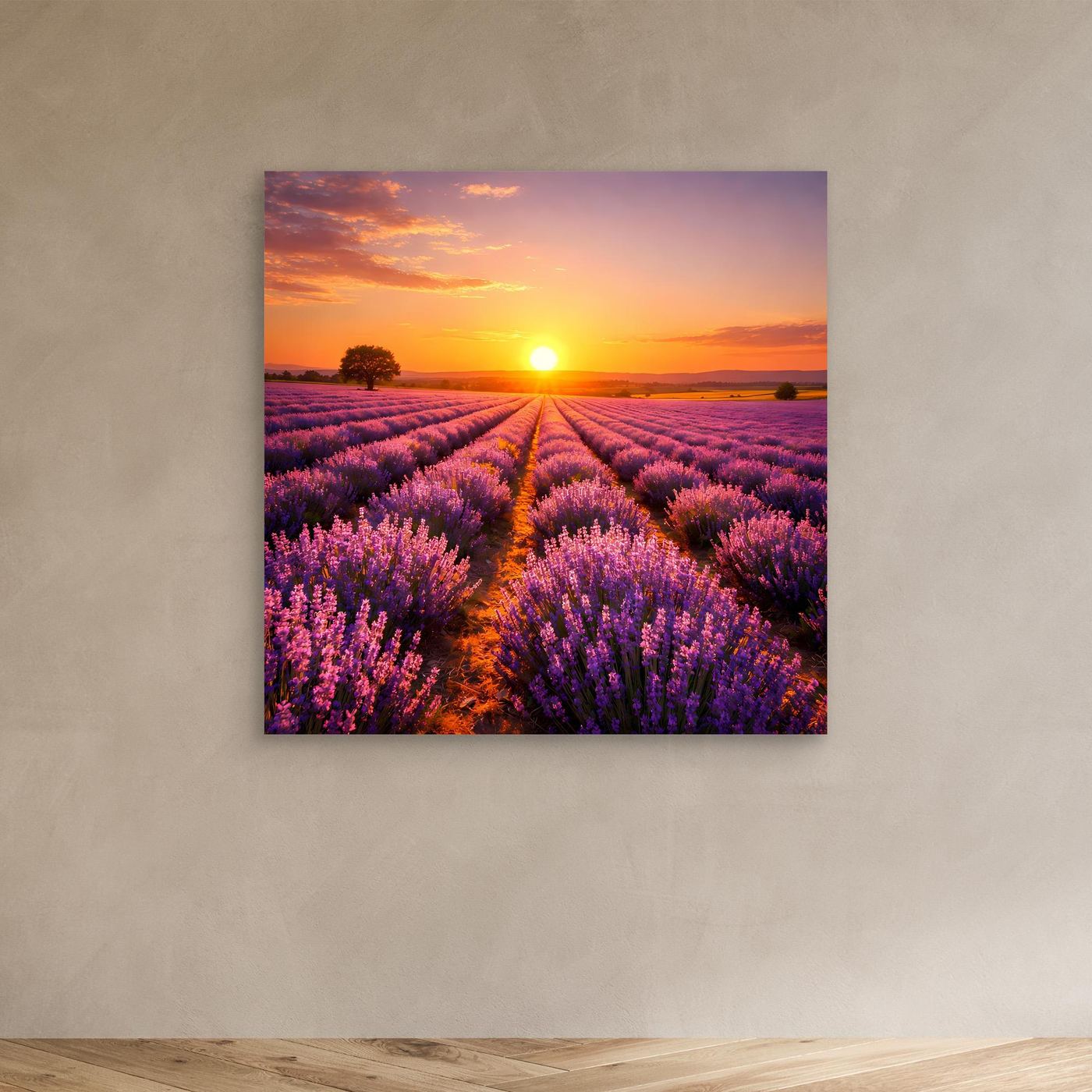 Leinwandbild mit Lavendelfeld und Sonnenuntergang in Violetttönen, ohne Rahmen