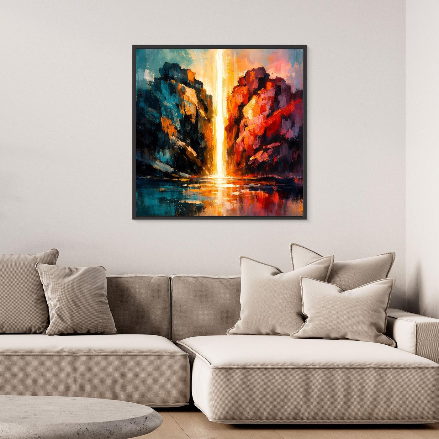Premium Leinwand Magischer Lichtwasserfall im Canyon | Abstraktes Natur Wandbild farbenfroh