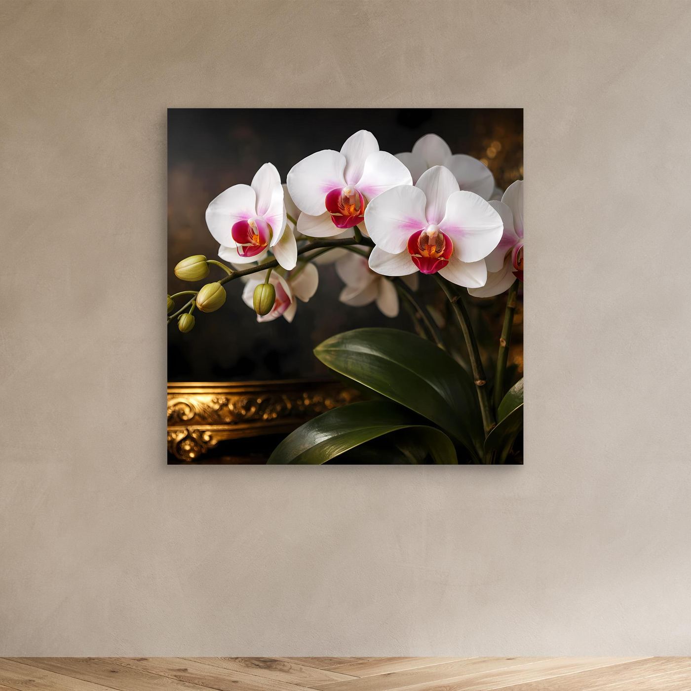 Leinwandbild mit weißen Orchideenblüten, rosa Akzenten, grünen Blättern und Knospen