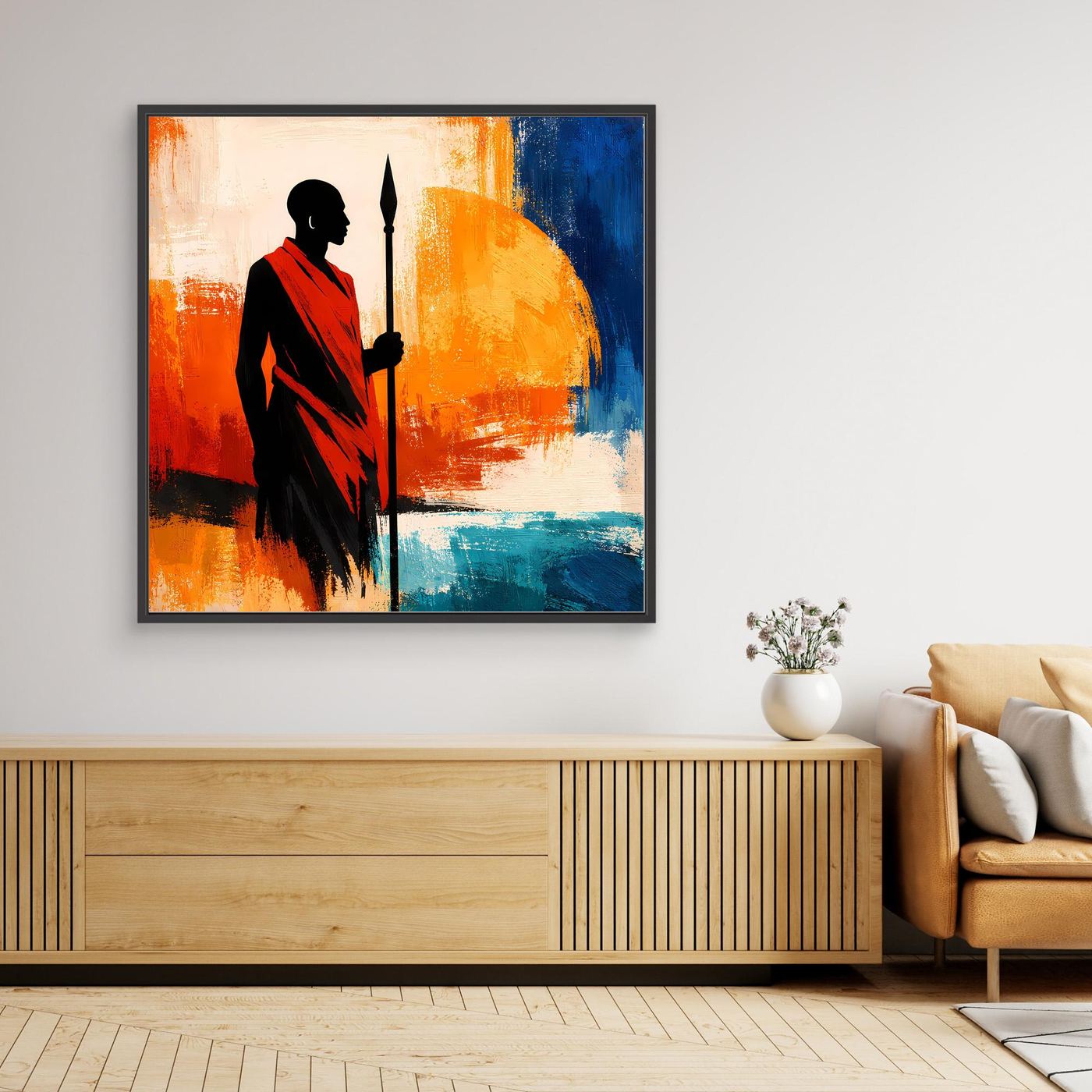 Leinwand Afrikanischer Krieger bei Sonnenuntergang | Modernes Ethno Silhouette Wandbild
