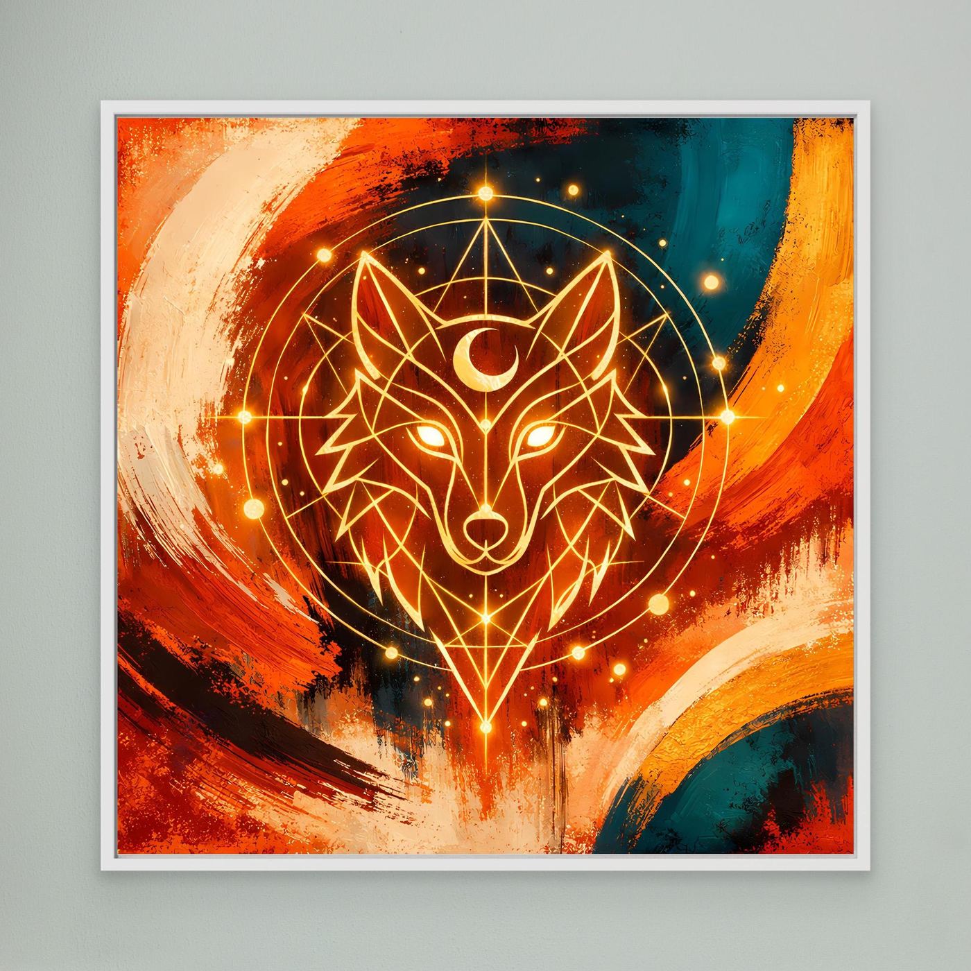 Gerahmtes Leinwandbild mit geometrischem Wolf, orange-blauem Hintergrund und goldenen Linien