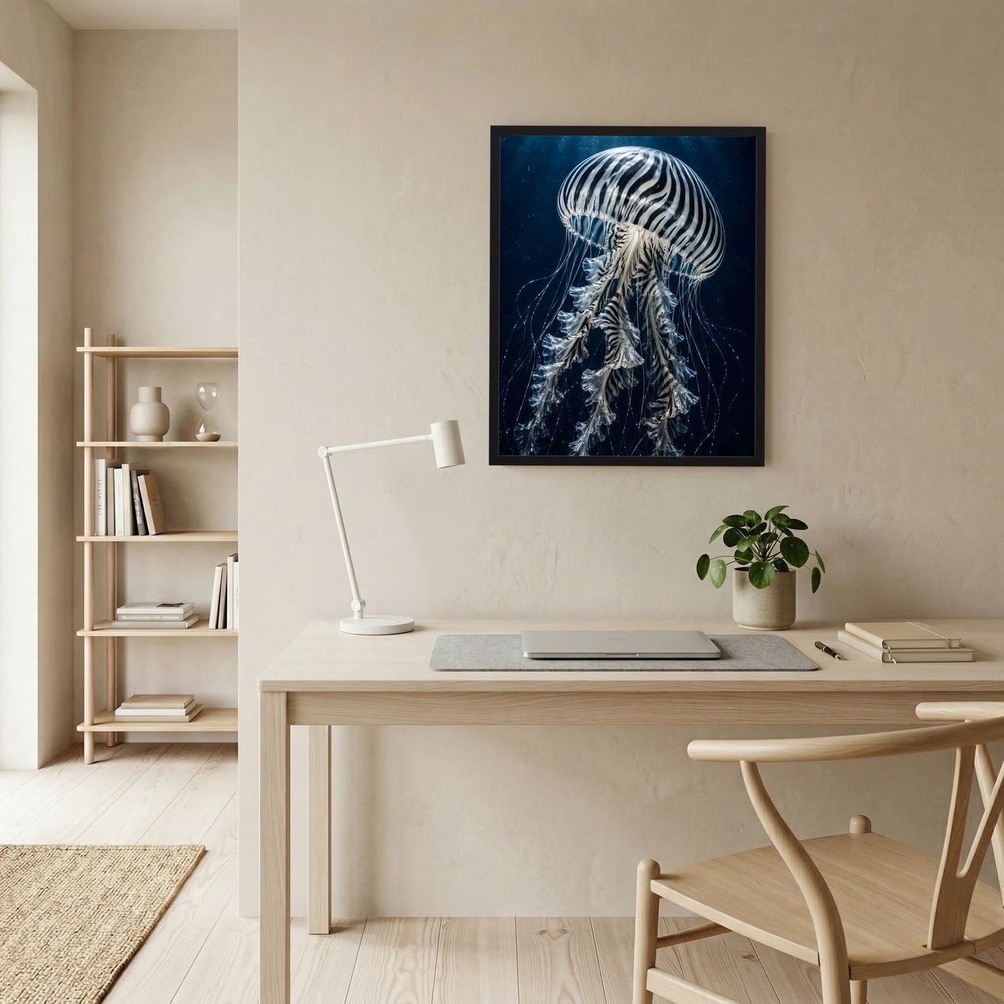 Gerahmtes Hochformatposter mit Schwarz-Weiß-Medusenmotiv im Tiefsee-Blau