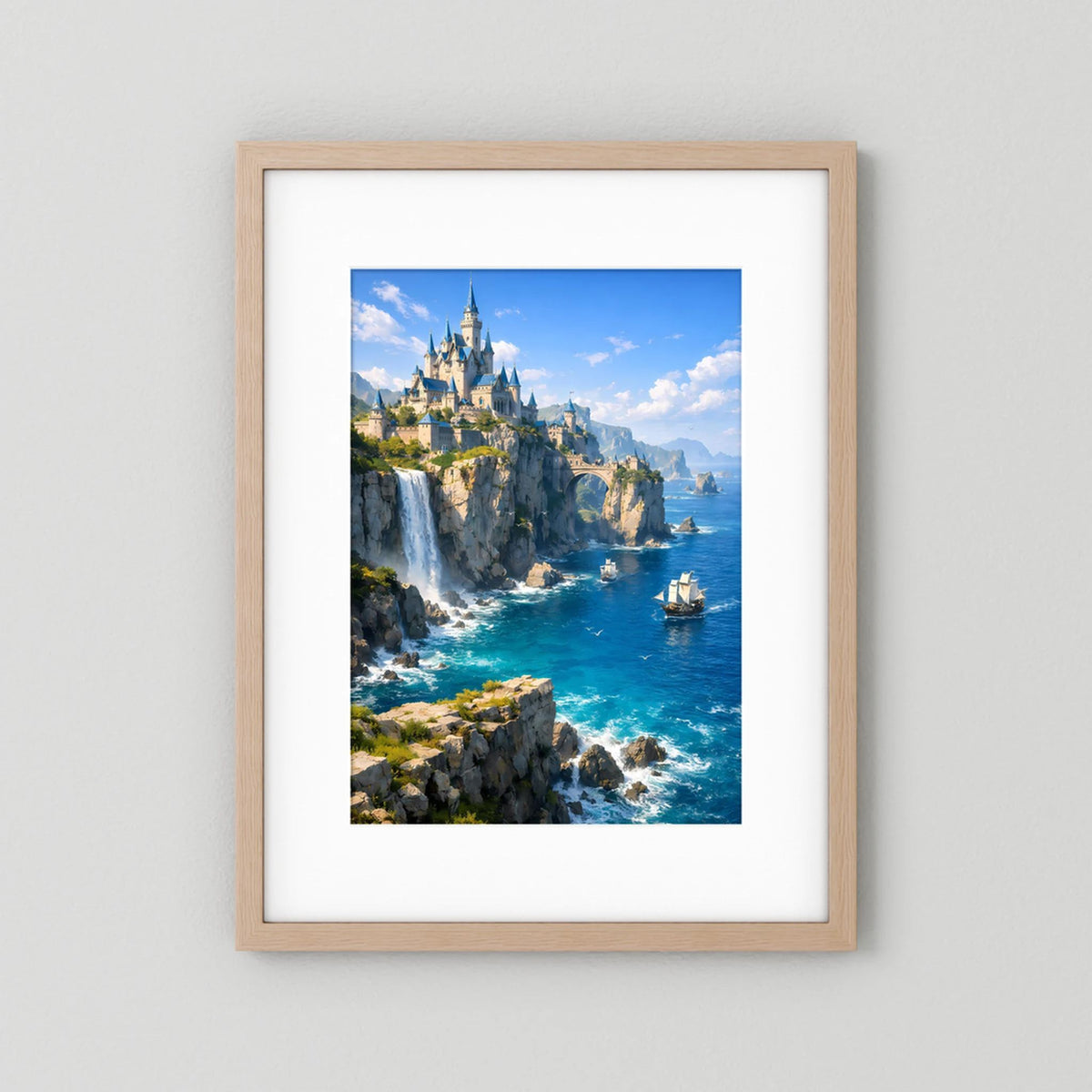 Gerahmtes Hochformat-Poster mit Fantasy-Schloss an Küstenfelsen, Wasserfällen und Meer, heller Holzrahmen