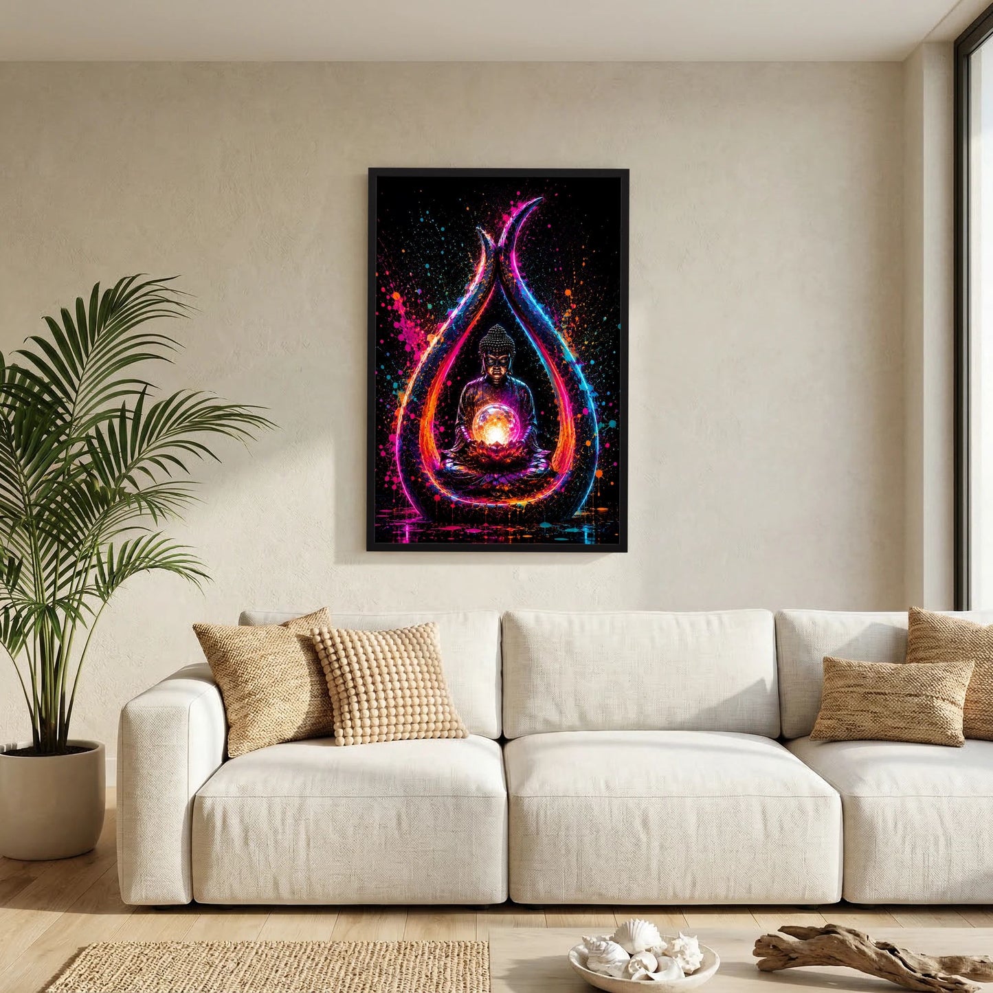 Buddha in Neonfarben | Meditation mit leuchtender Lotusblüte | Poster Hochformat