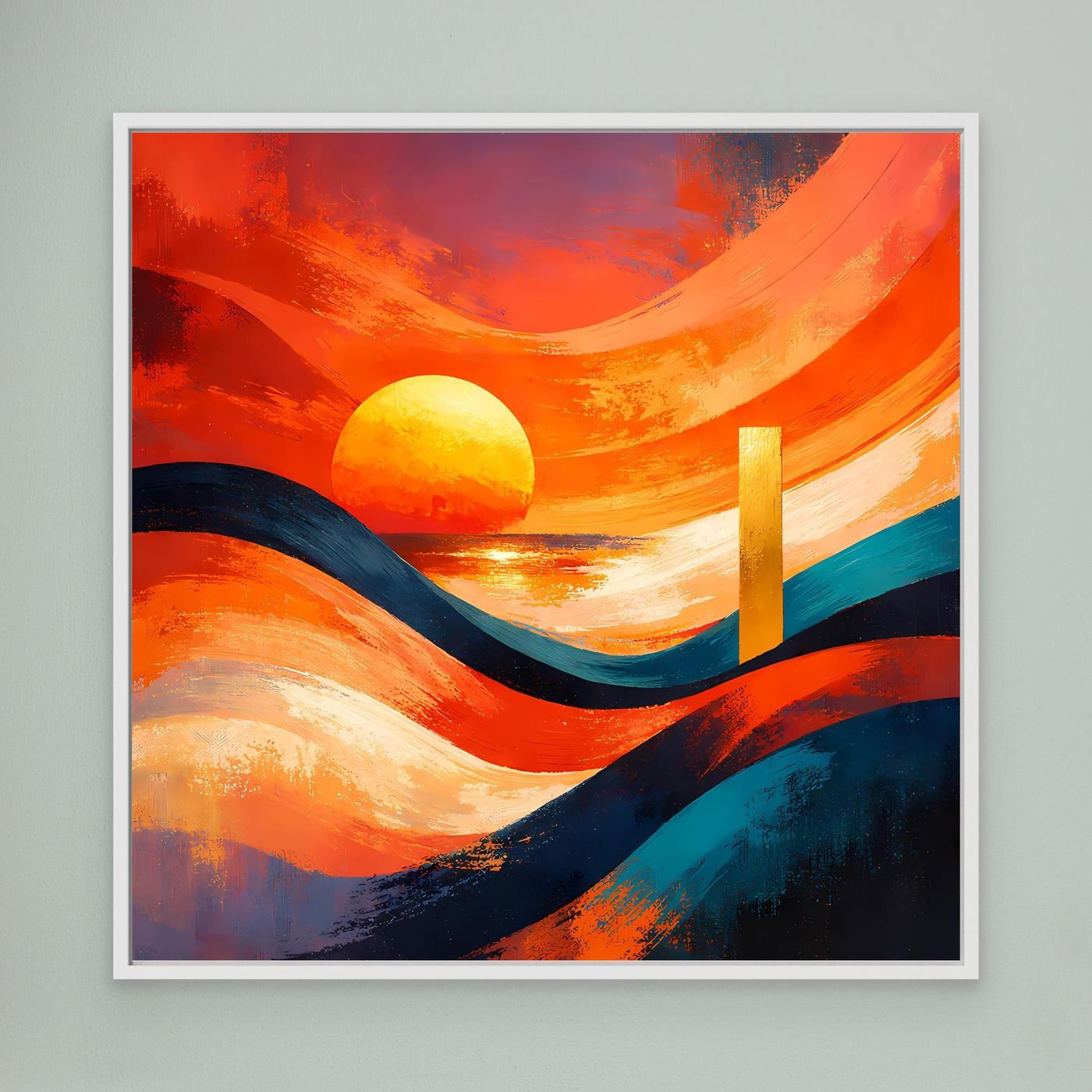 Leinwandbild mit abstraktem Sonnenuntergang: orangefarbene Sonne, Wellen, hellblau im Meer, weißer Rahmen