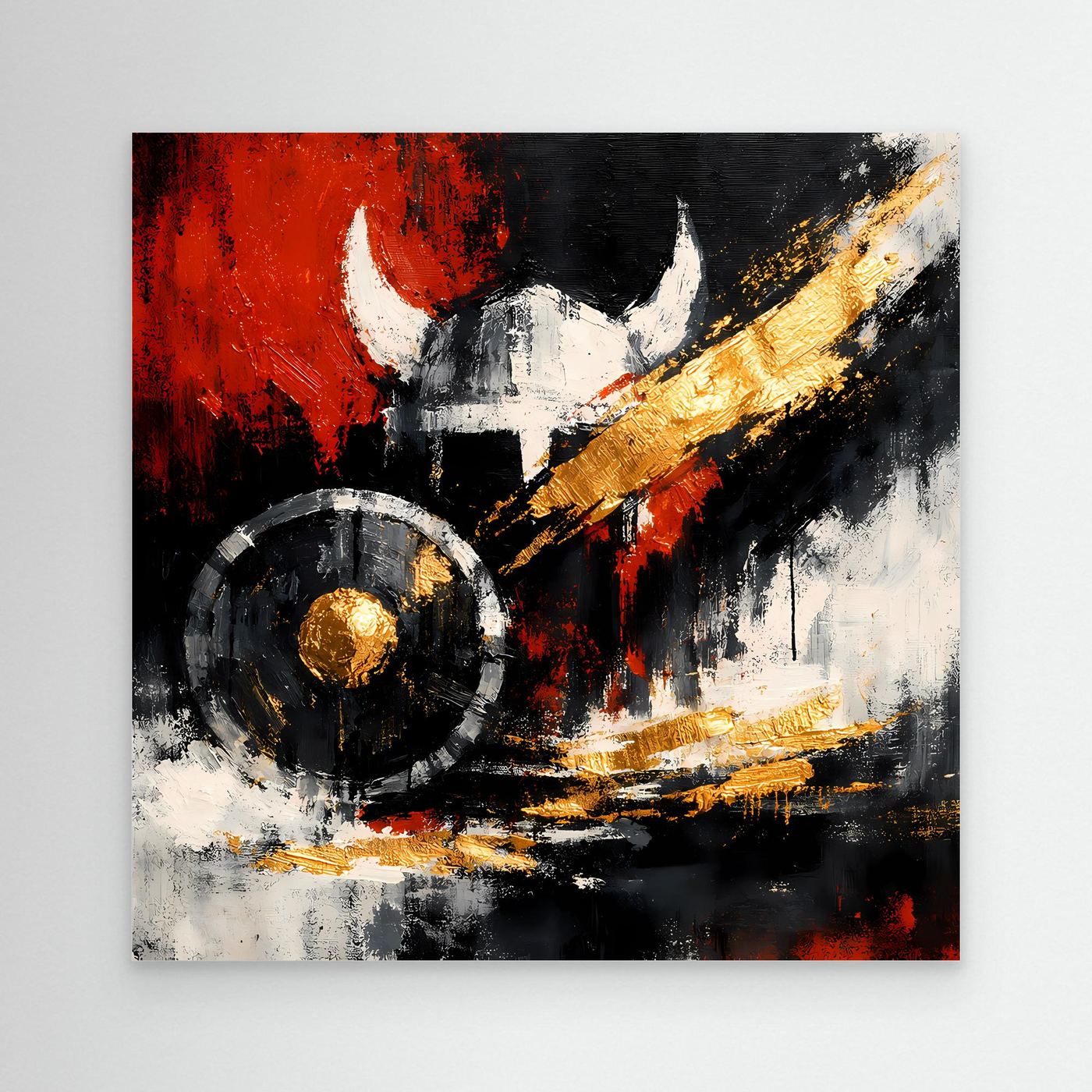 Leinwandbild mit Wikingerhelm und Schild im abstrakten Stil, ohne Rahmen