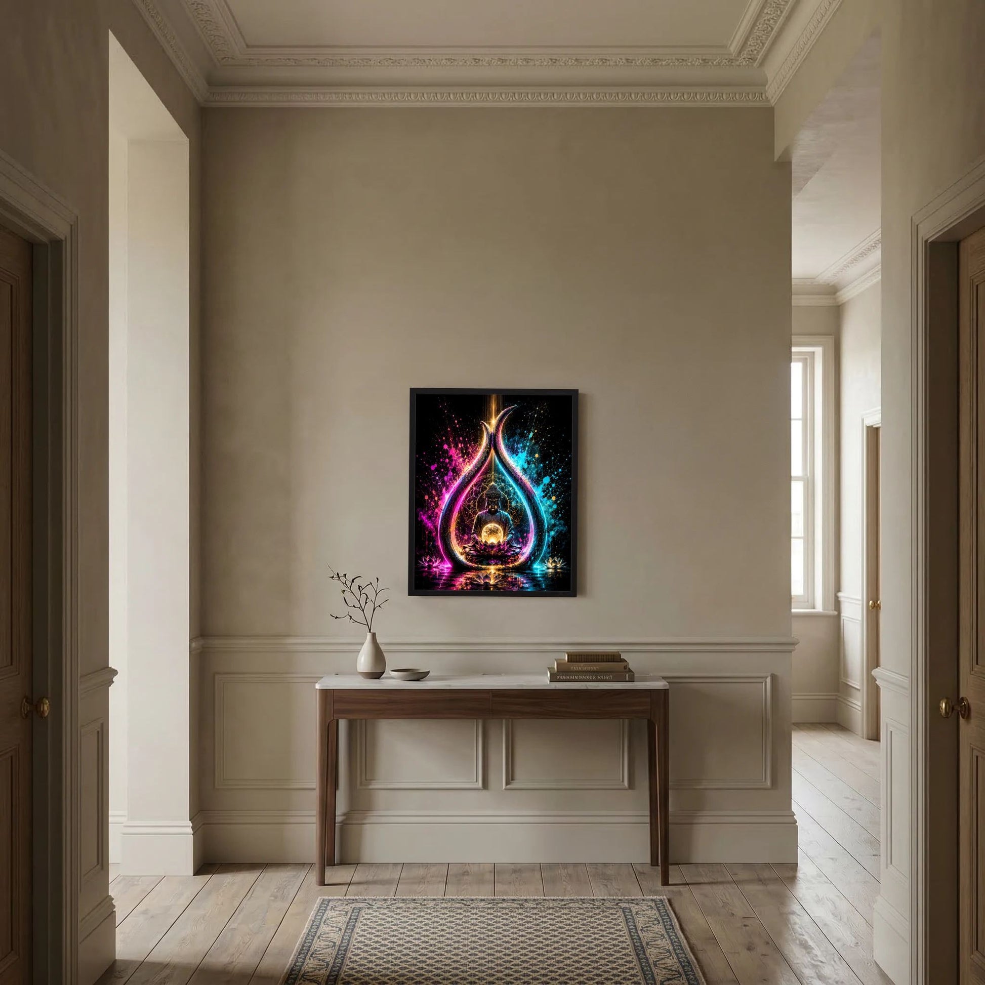 Meditierender Buddha auf Lotus, leuchtende Energiekugel: Neonlicht-Poster im schwarzen Rahmen.