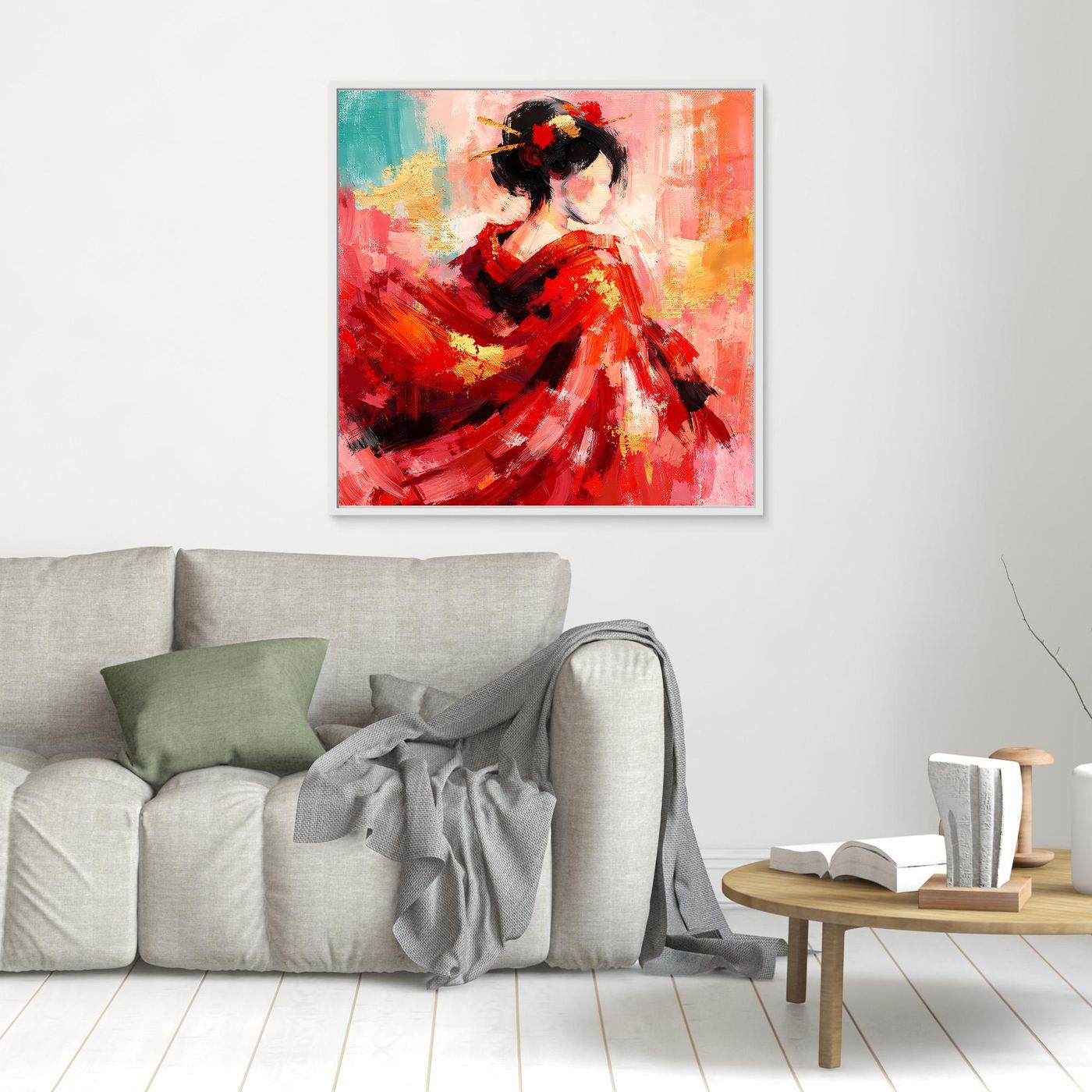 Leinwandbild mit Geisha in rotem Kleid, abstrakte Pinselstriche, heller Rahmen