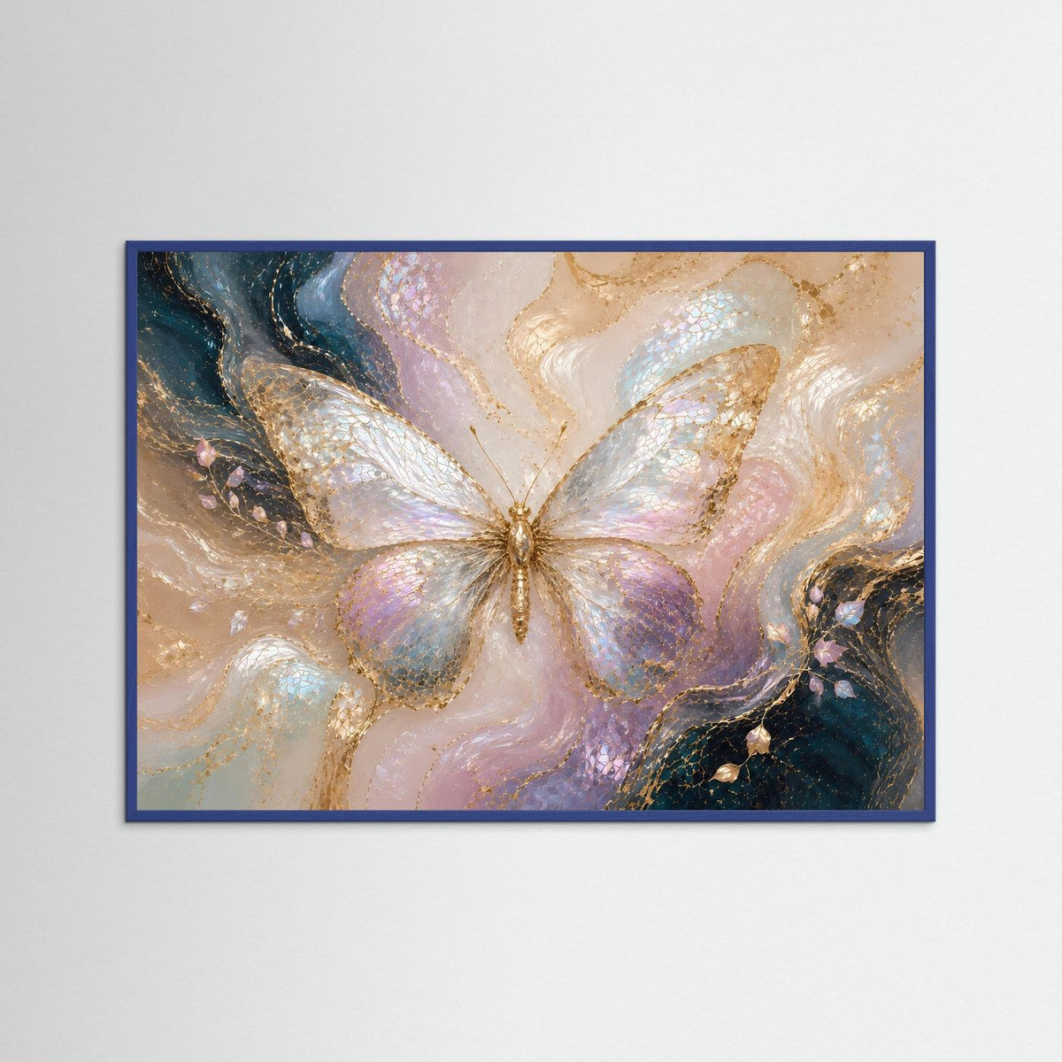 Wandkunst-Poster mit abstraktem Schmetterling in Pastellfarben und Goldakzenten, blauer Rahmen