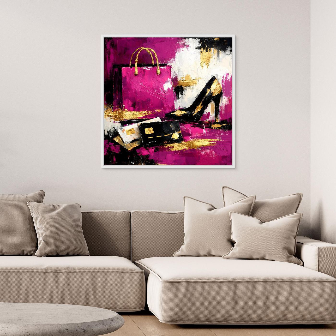 Leinwand Abstraktes Fashion Wandbild in Pink und Gold | Modernes High Heels & Shopping Gemälde