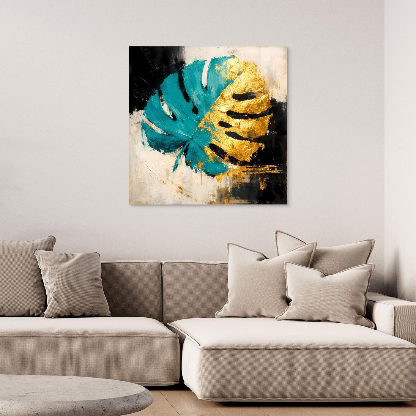 Leinwand Abstraktes Monstera Gemälde in Türkis und Gold | Modernes Botanik Wandbild