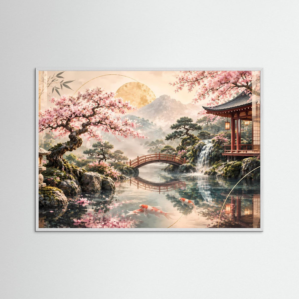 Zen-Garten-Poster im Querformat mit weißem Rahmen; Kirschblüten, Koi im Wasser, Tempelpavillon